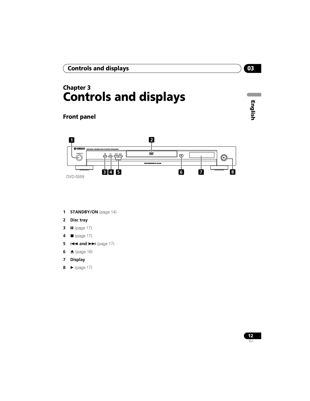 Yamaha DVD-S559 owner manual Controls and displays Chapter, Front panel, STANDBY/ON Disc tray Display 