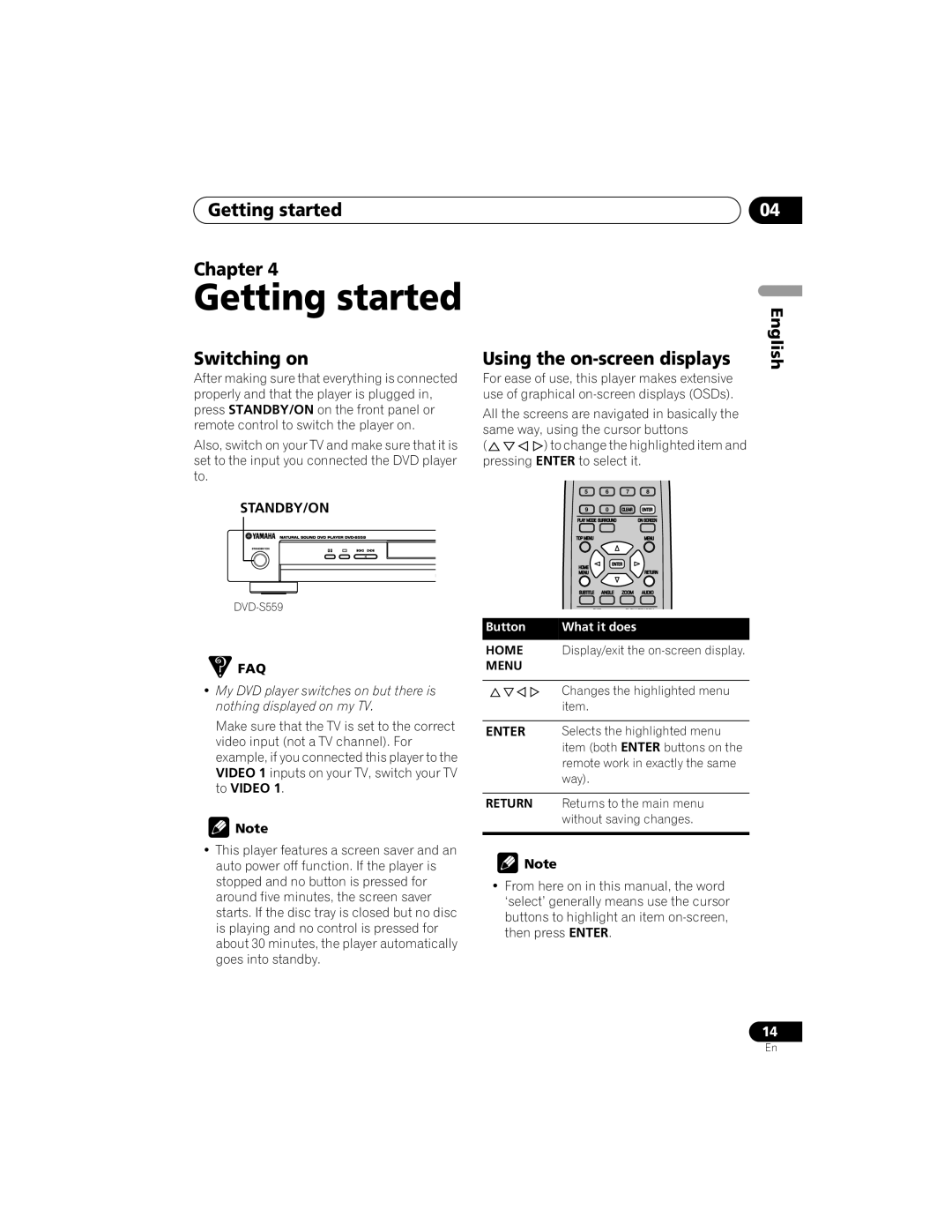 Yamaha DVD-S559 owner manual Getting started Chapter, Switching on, Using the on-screen displays 