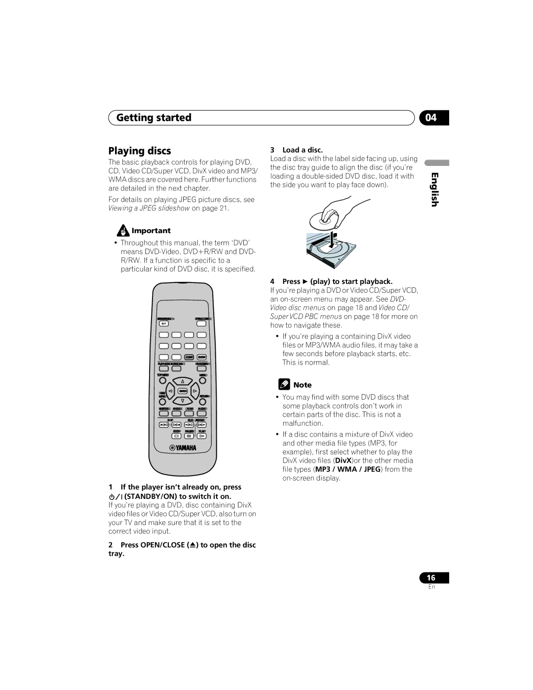 Yamaha DVD-S559 owner manual Getting started Playing discs, Load a disc, Press play to start playback 