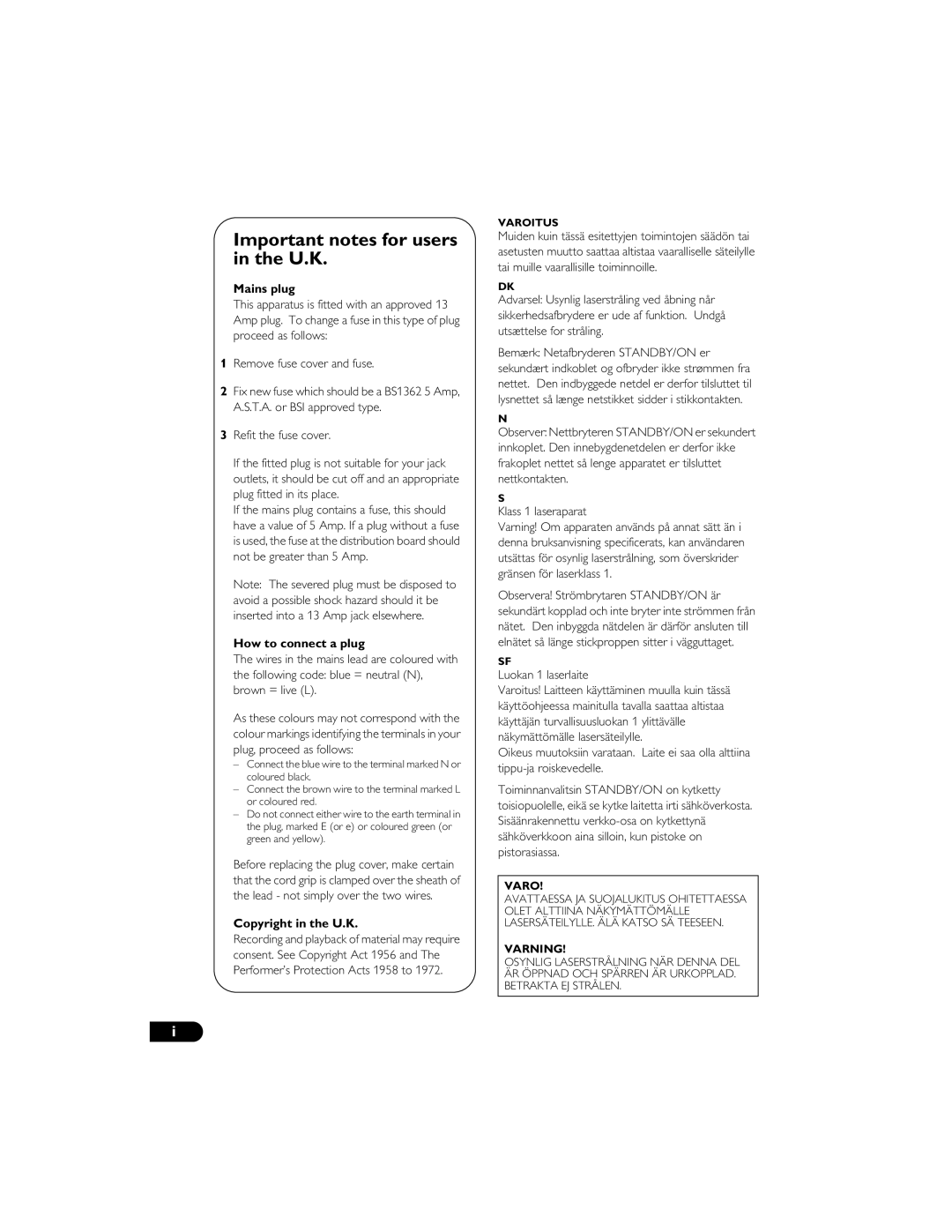 Yamaha DVD-S559 owner manual Important notes for users in the U.K, Mains plug, How to connect a plug, Copyright in the U.K 