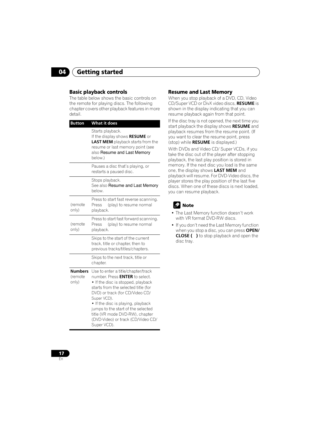 Yamaha DVD-S559 owner manual Getting started, Basic playback controls, Resume and Last Memory, Numbers 