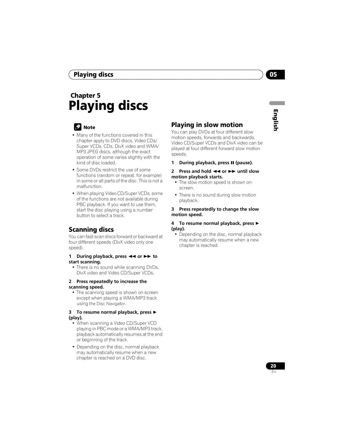 Yamaha DVD-S559 owner manual Playing discs Chapter, Scanning discs, Playing in slow motion 