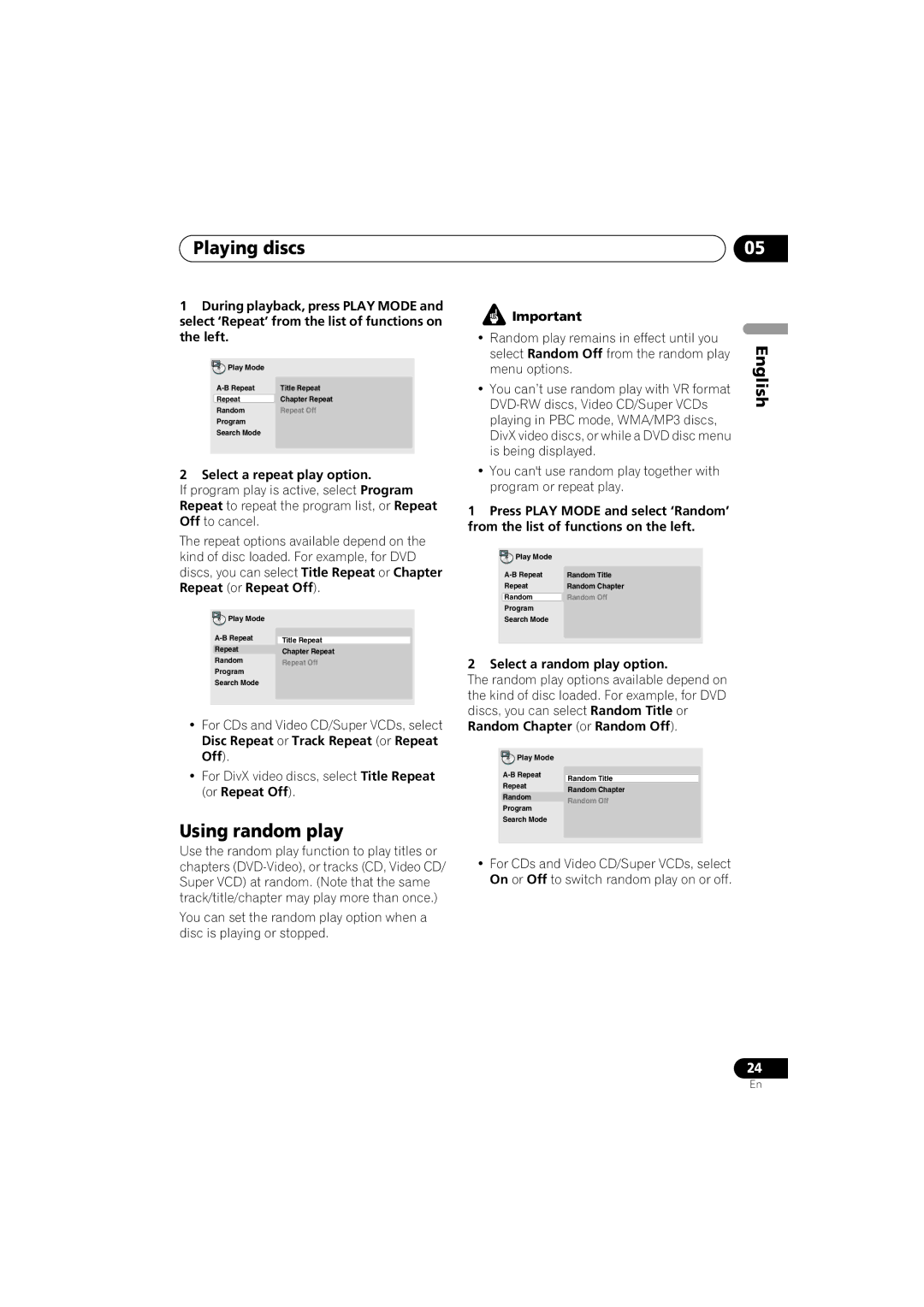 Yamaha DVD-S559 owner manual Using random play, Select a repeat play option, Select Random Off from the random play 