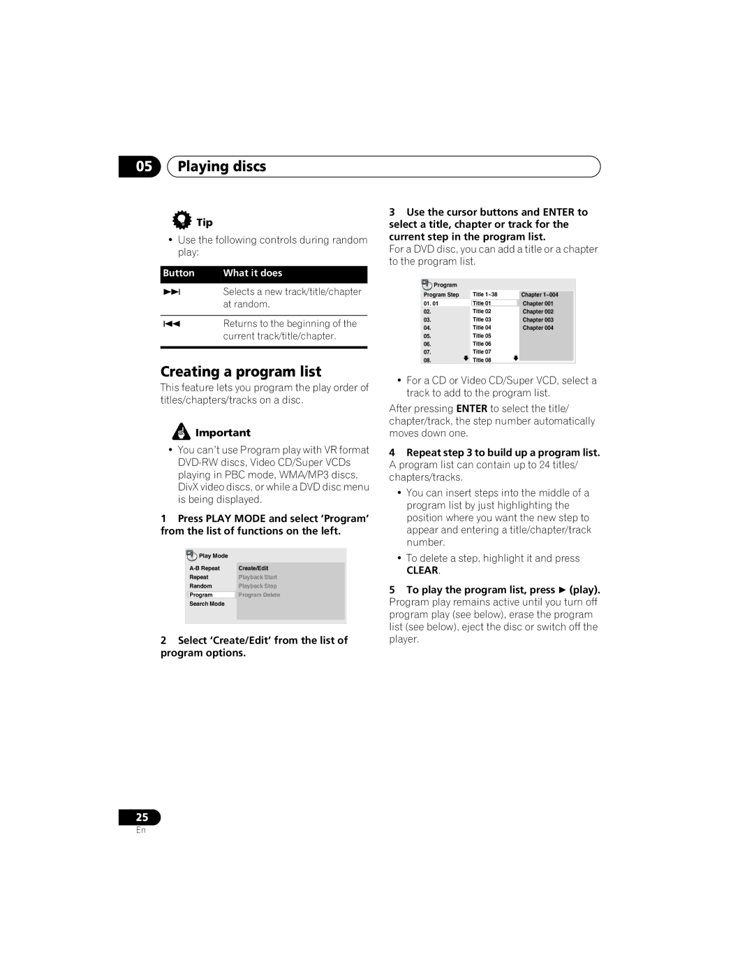 Yamaha DVD-S559 owner manual Creating a program list, Select ‘Create/Edit’ from the list of program options, Clear 