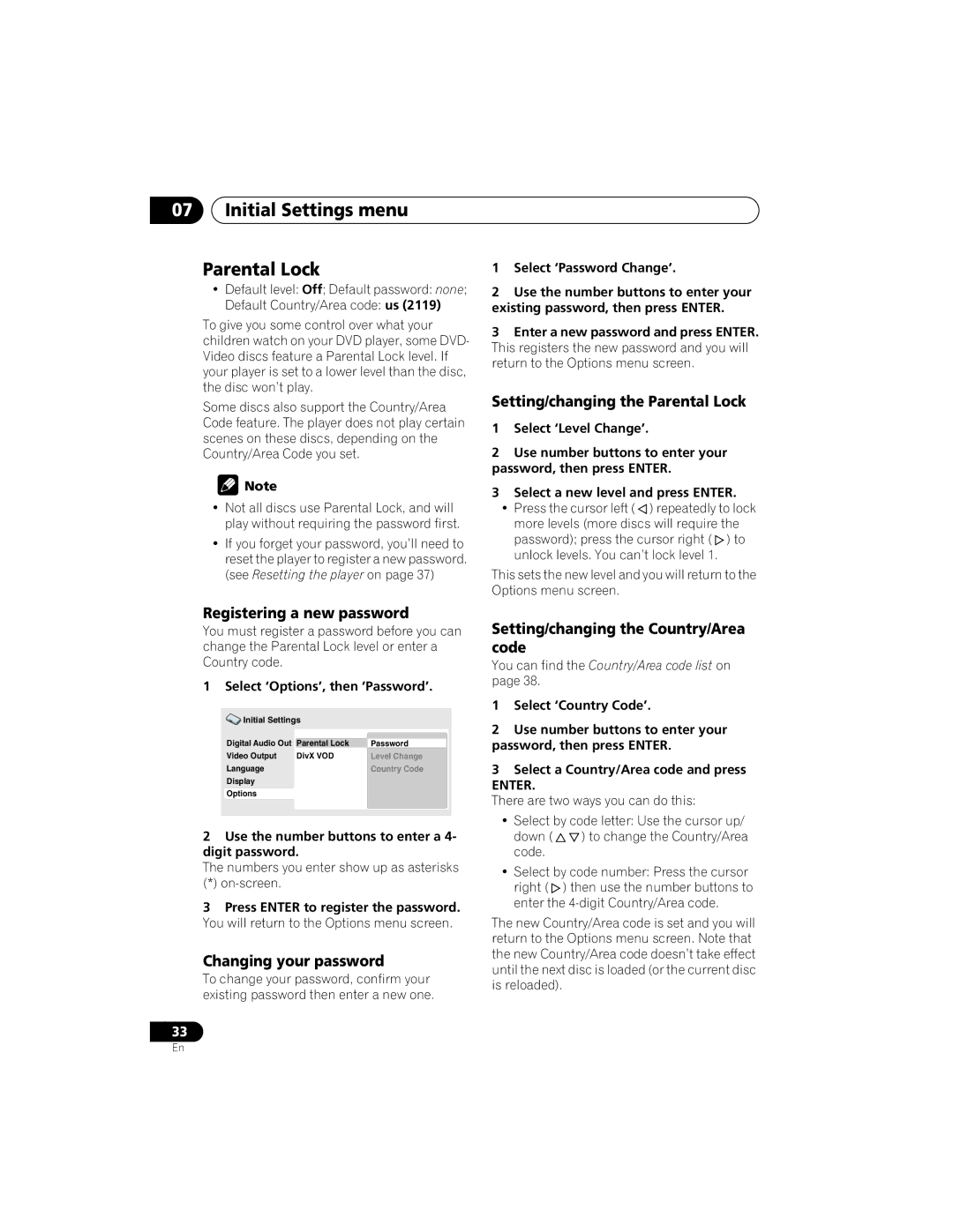 Yamaha DVD-S559 owner manual Initial Settings menu Parental Lock, Registering a new password, Changing your password 