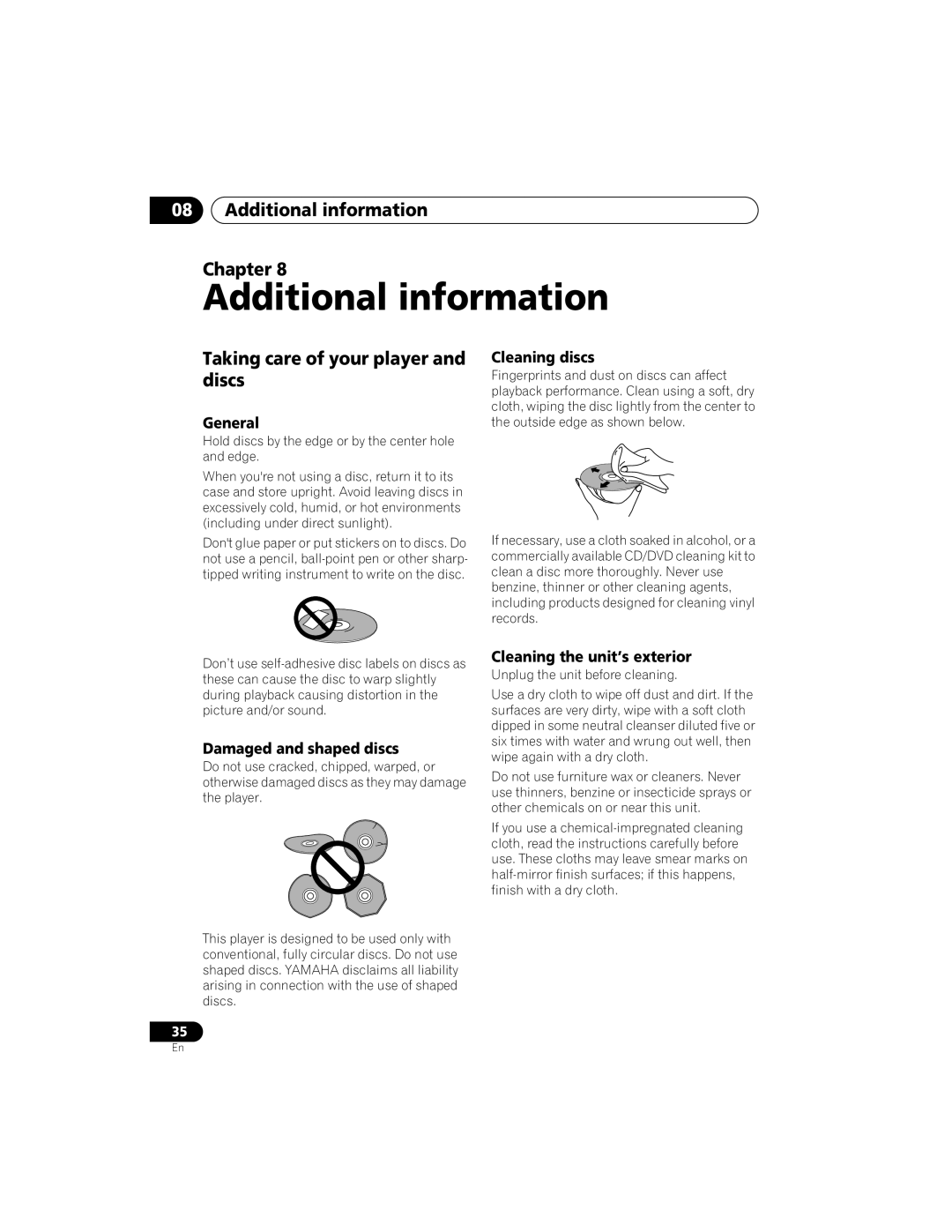 Yamaha DVD-S559 owner manual Additional information Chapter, Taking care of your player and discs 