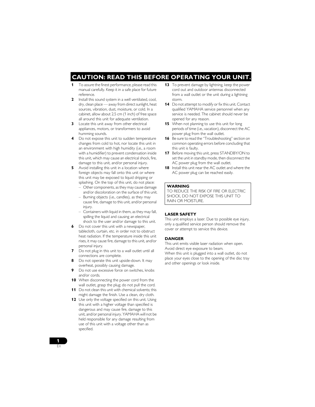 Yamaha DVD-S559 owner manual Do not use excessive force on switches, knobs and/or cords, Laser Safety 