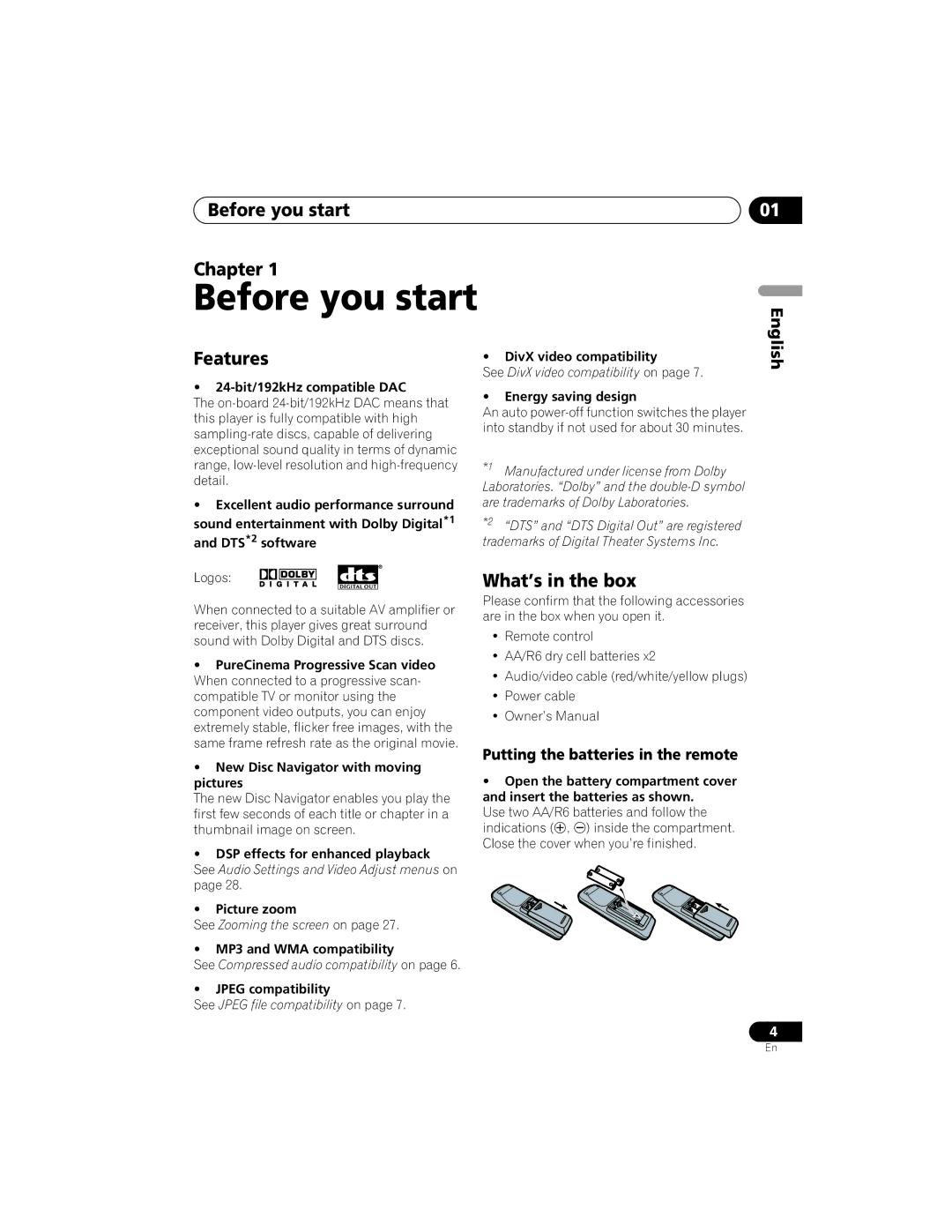 Yamaha DVD-S559 owner manual Before you start Chapter, Features, What’s in the box, Putting the batteries in the remote 