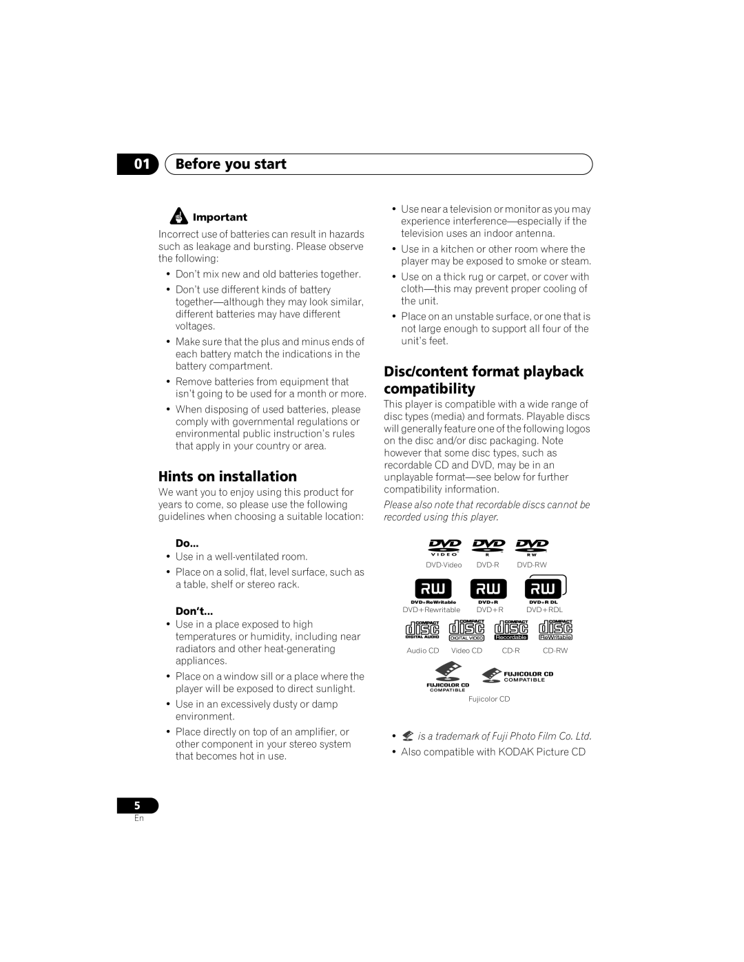 Yamaha DVD-S559 owner manual Before you start, Hints on installation, Disc/content format playback compatibility 