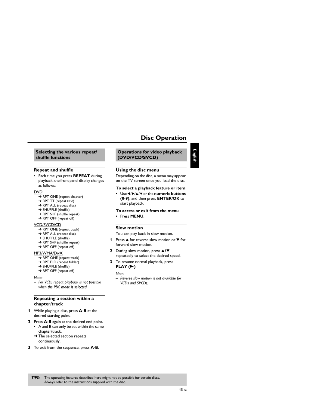 Yamaha DVD-S659BL manual Slow motion, Repeating a section within a chapter/track, To select a playback feature or item 