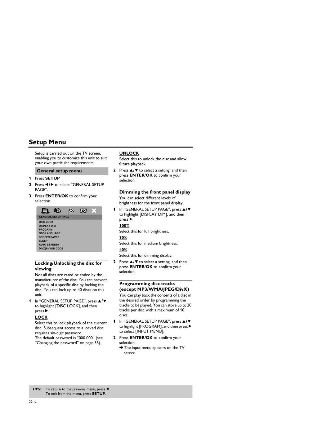 Yamaha DVD-S659BL Setup Menu, General setup menu, Locking/Unlocking the disc for viewing, Dimming the front panel display 