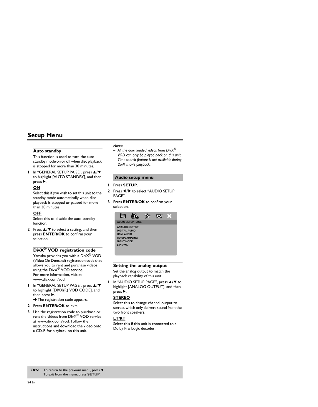 Yamaha DVD-S659BL manual Auto standby, DivX VOD registration code, Audio setup menu, Setting the analog output 