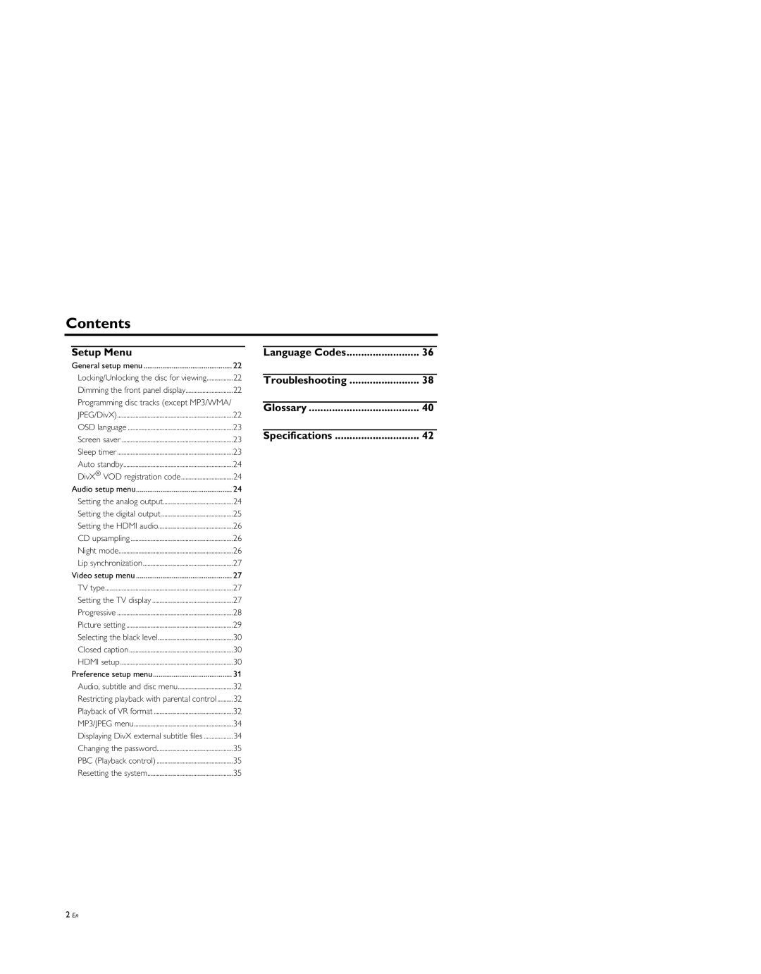 Yamaha DVD-S659BL manual Setup Menu, Language Codes Troubleshooting Glossary Specifications 