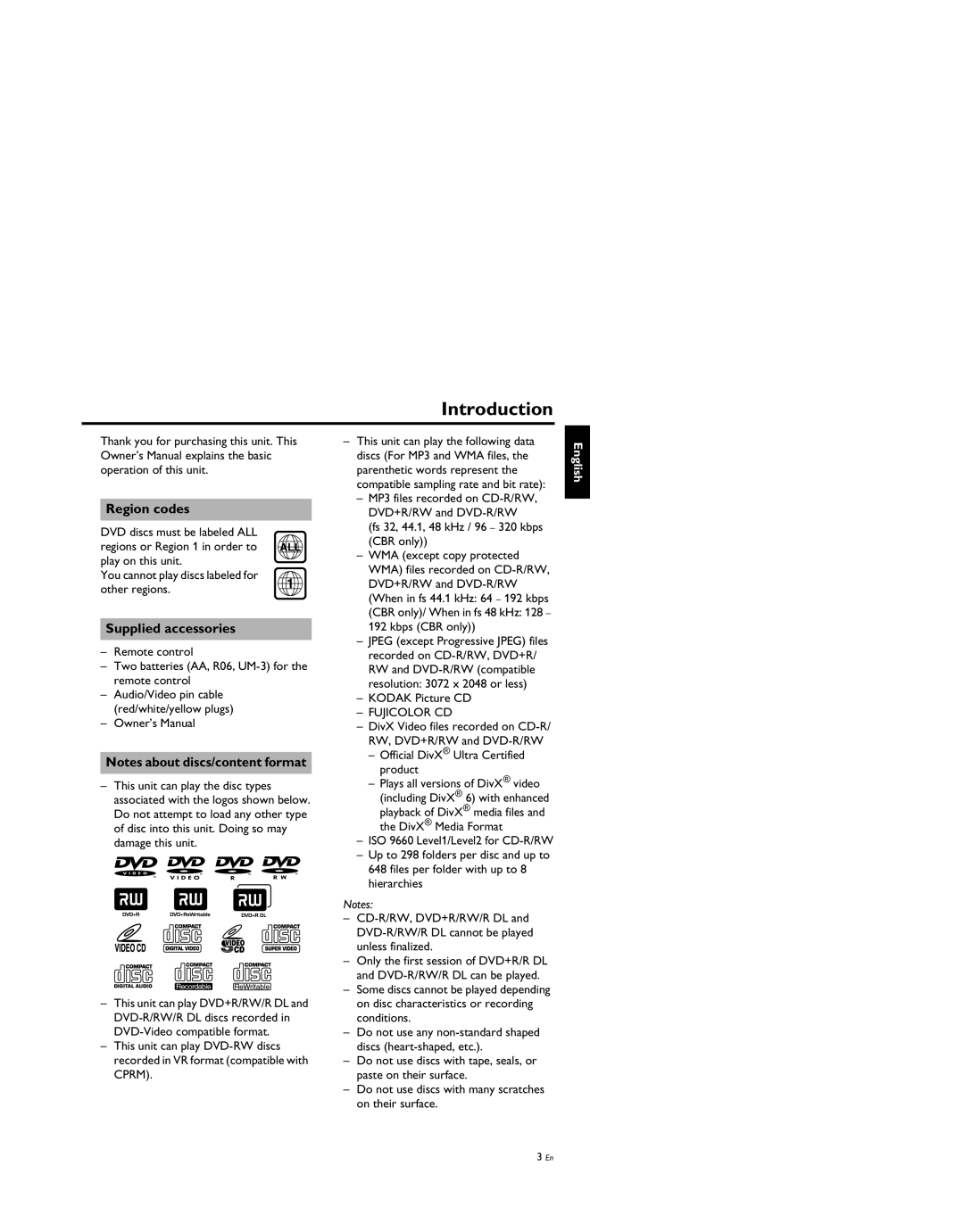 Yamaha DVD-S659BL manual Introduction, Region codes, Supplied accessories 