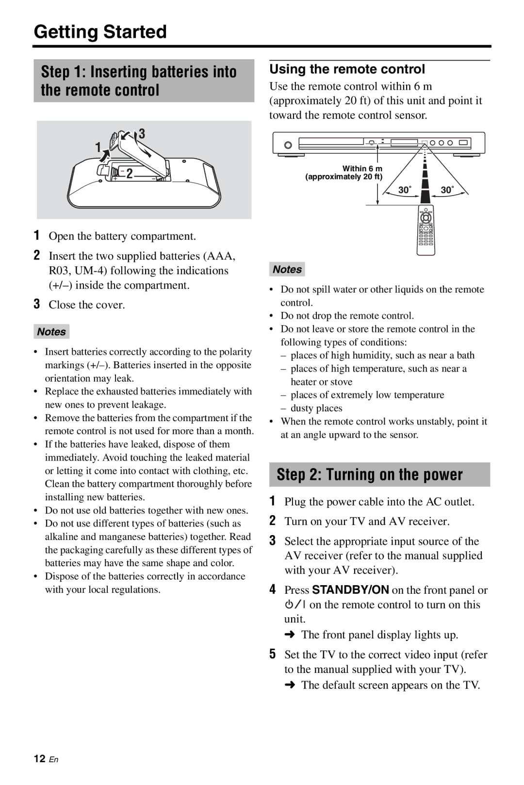 Yamaha DVD-S661 manual Getting Started, Inserting batteries into the remote control, Turning on the power 