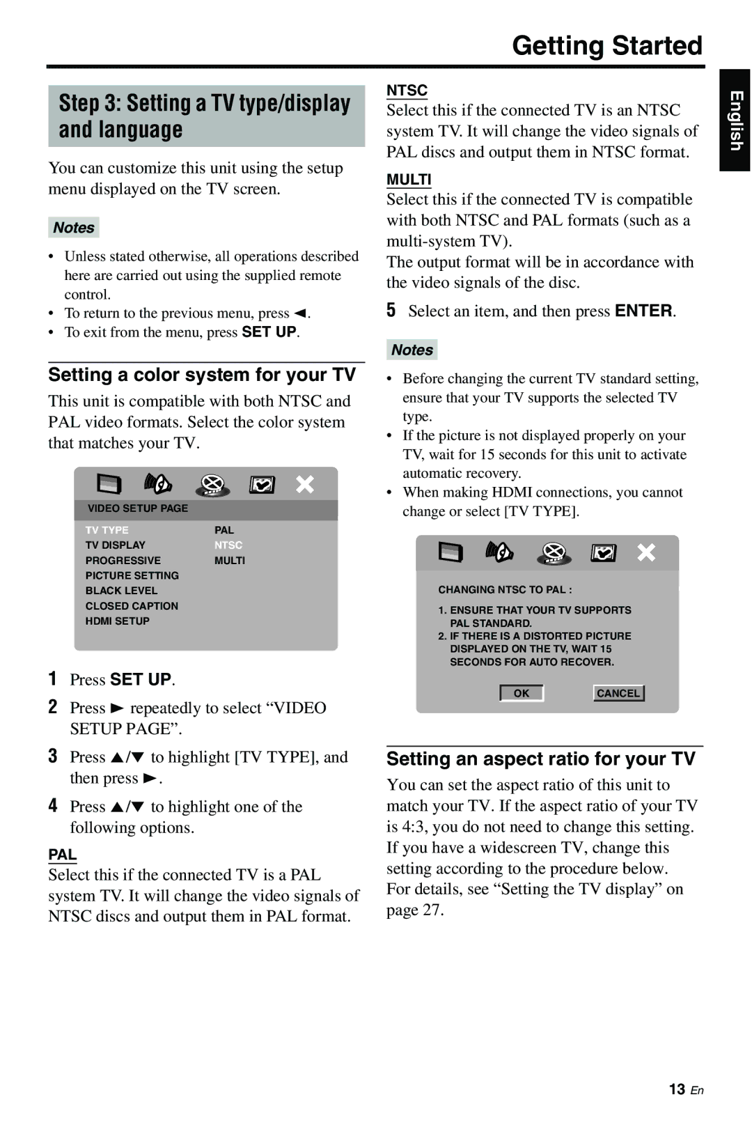 Yamaha DVD-S661 manual Setting a TV type/display and language, Setting a color system for your TV 