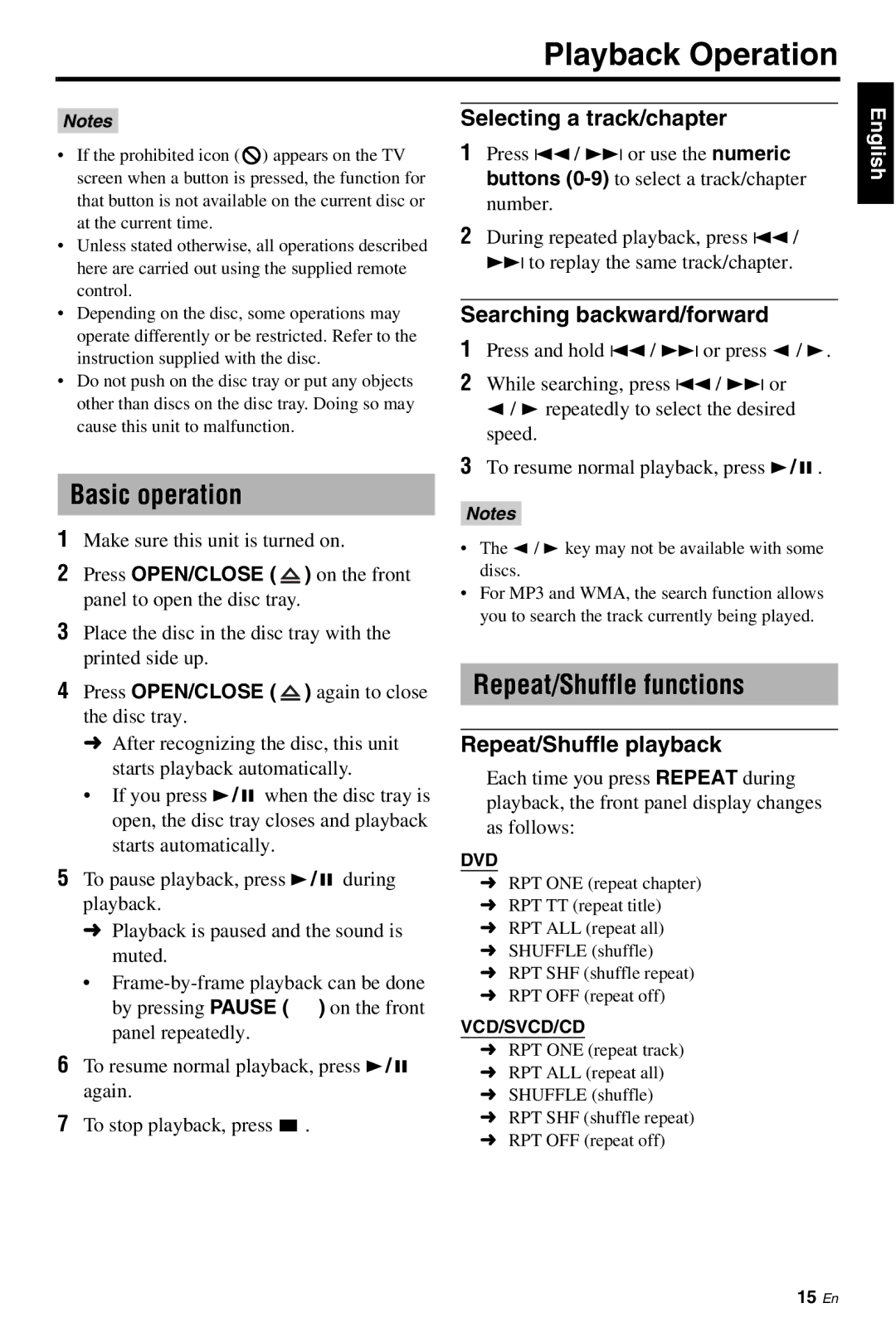 Yamaha DVD-S661 manual Playback Operation, Basic operation, Repeat/Shuffle functions 