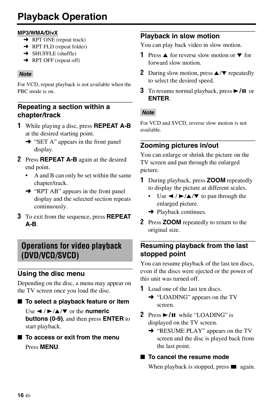 Yamaha DVD-S661 manual Repeating a section within a chapter/track, Using the disc menu, Playback in slow motion 