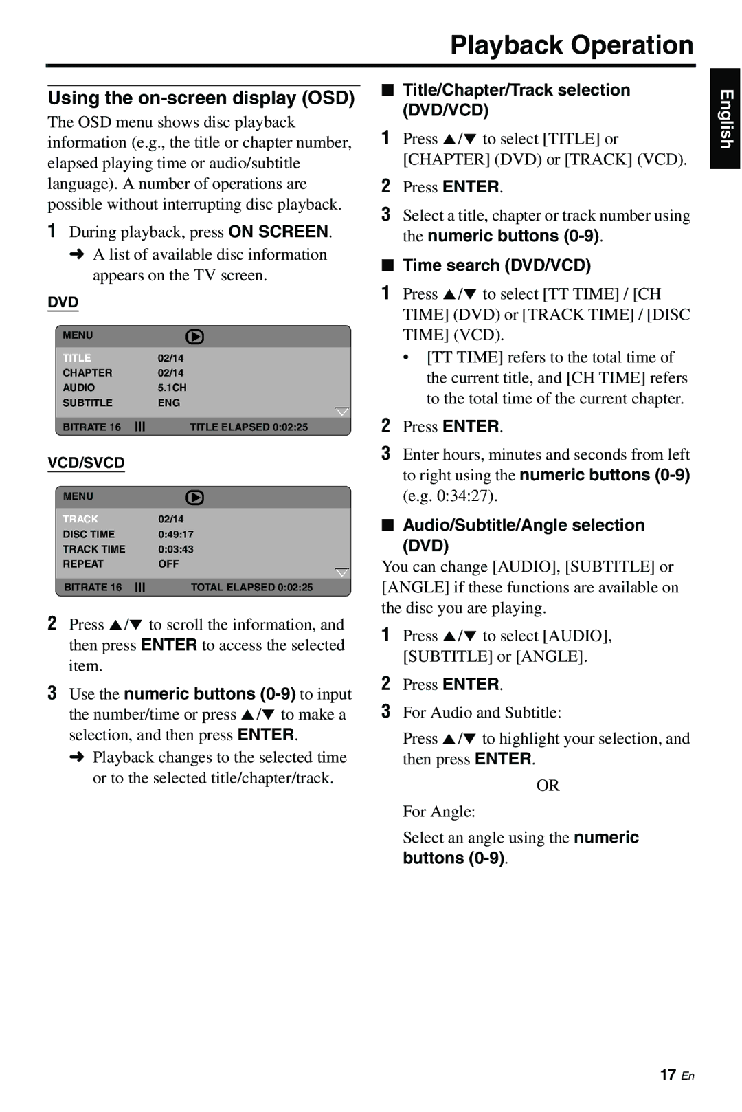 Yamaha DVD-S661 manual Using the on-screen display OSD, Title/Chapter/Track selection DVD/VCD, Time search DVD/VCD, Buttons 