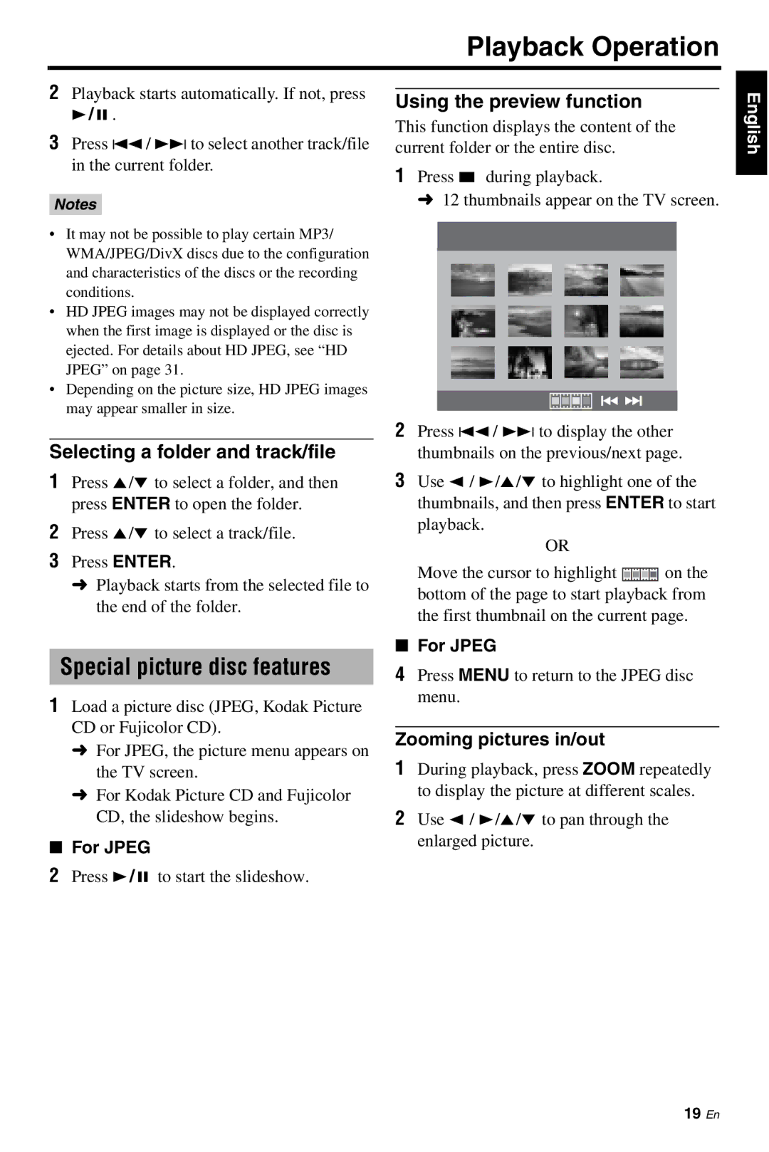 Yamaha DVD-S661 Special picture disc features, Using the preview function, Selecting a folder and track/file, For Jpeg 