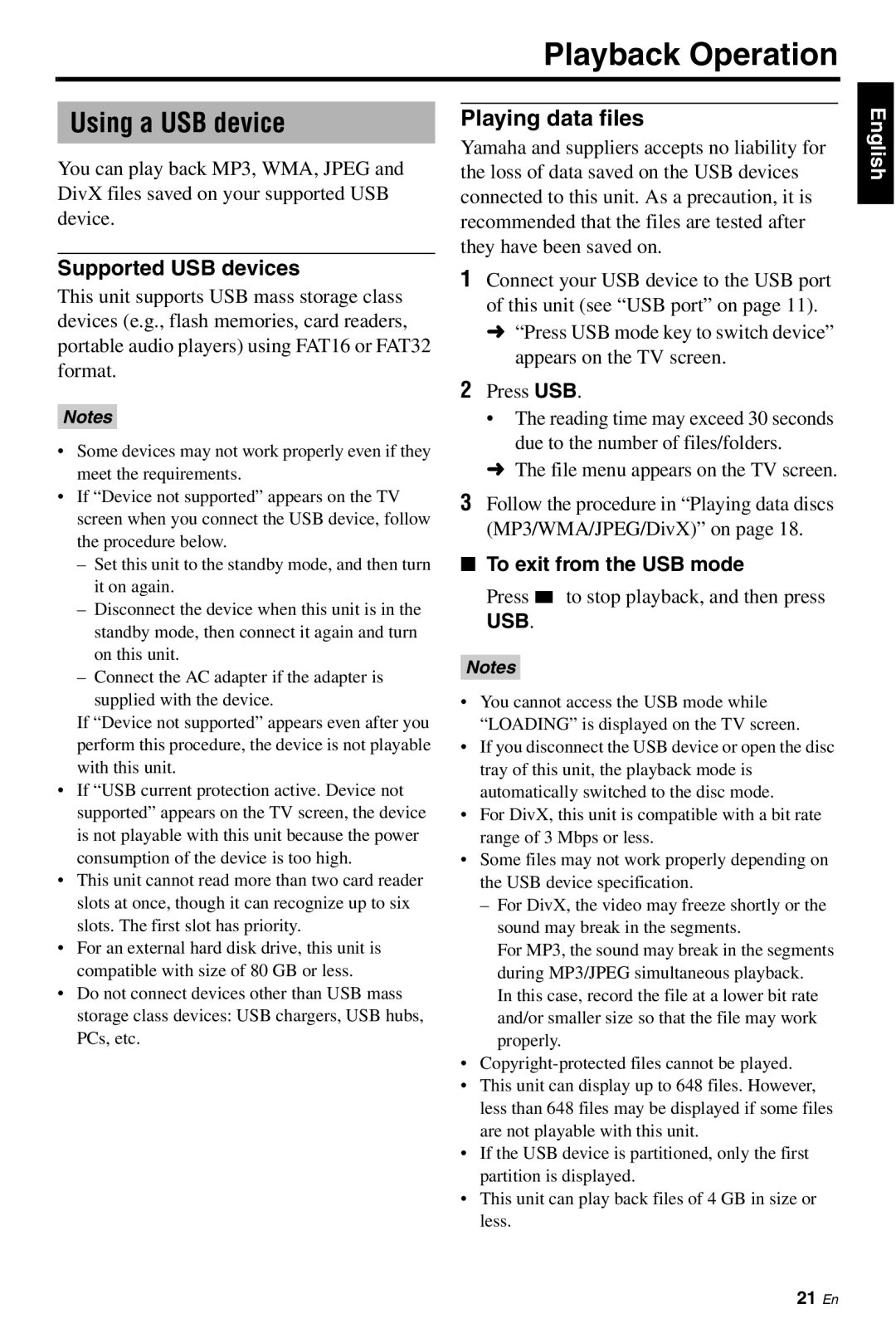 Yamaha DVD-S661 manual Using a USB device, Supported USB devices, Playing data files, To exit from the USB mode 