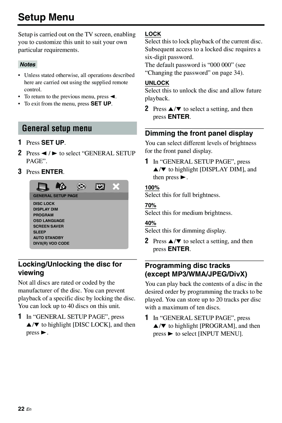 Yamaha DVD-S661 Setup Menu, General setup menu, Locking/Unlocking the disc for viewing, Dimming the front panel display 