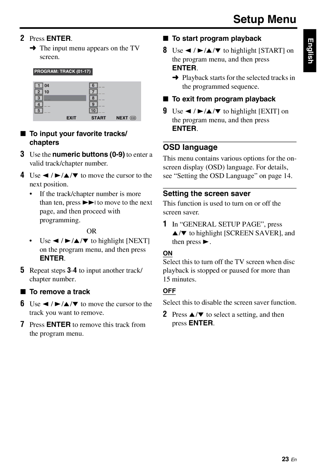 Yamaha DVD-S661 manual OSD language, Setting the screen saver, To remove a track, To start program playback 