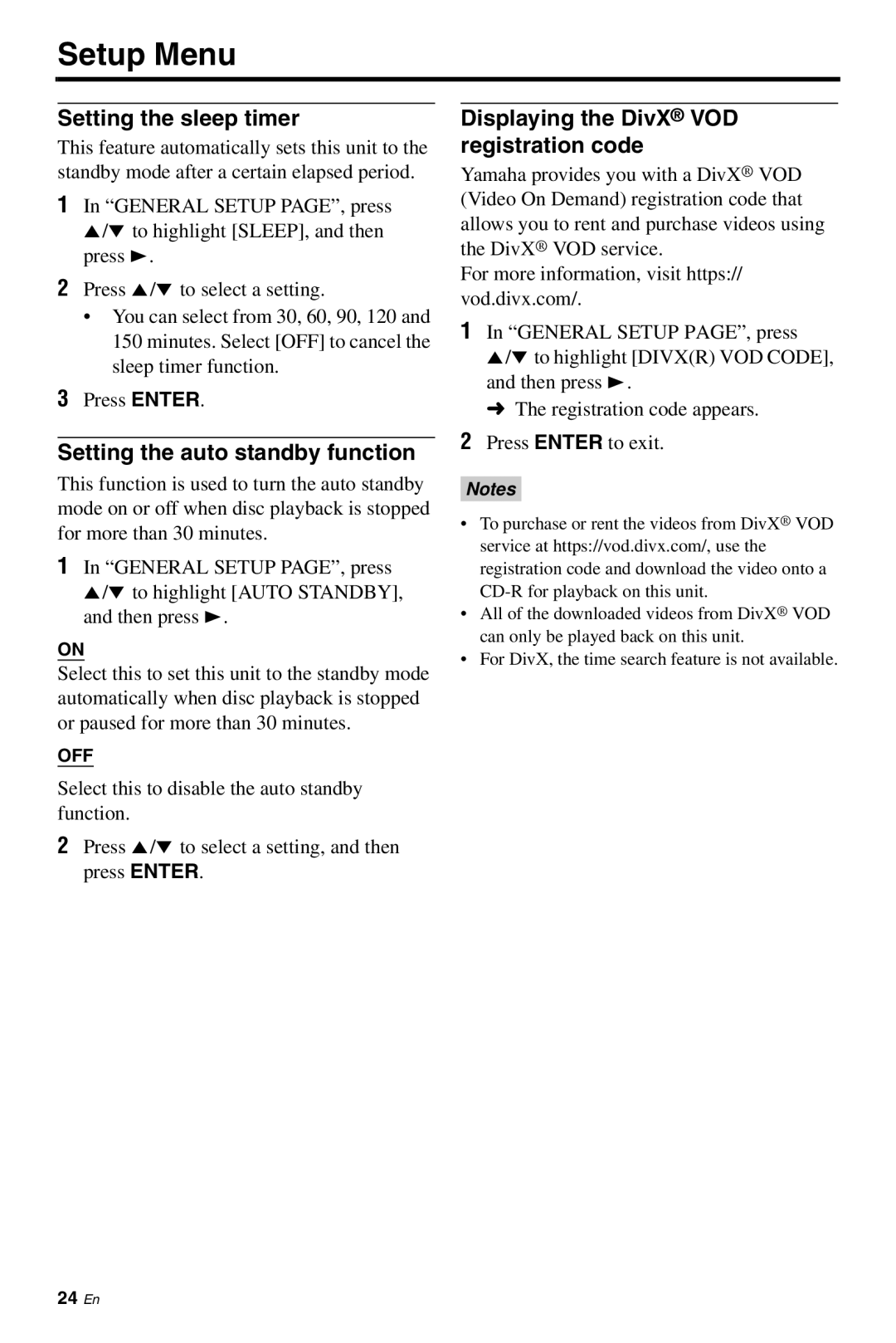 Yamaha DVD-S661 Setting the sleep timer, Setting the auto standby function, Displaying the DivX VOD registration code 