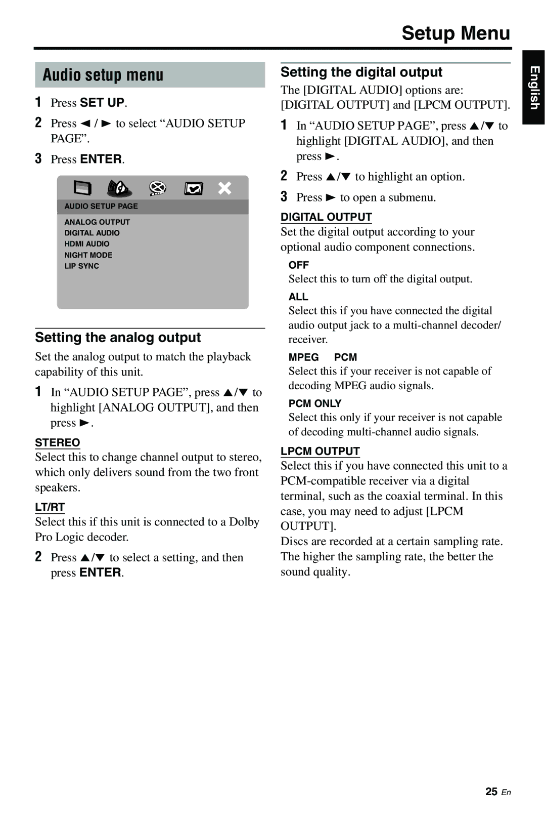 Yamaha DVD-S661 manual Audio setup menu, Setting the digital output, Setting the analog output 