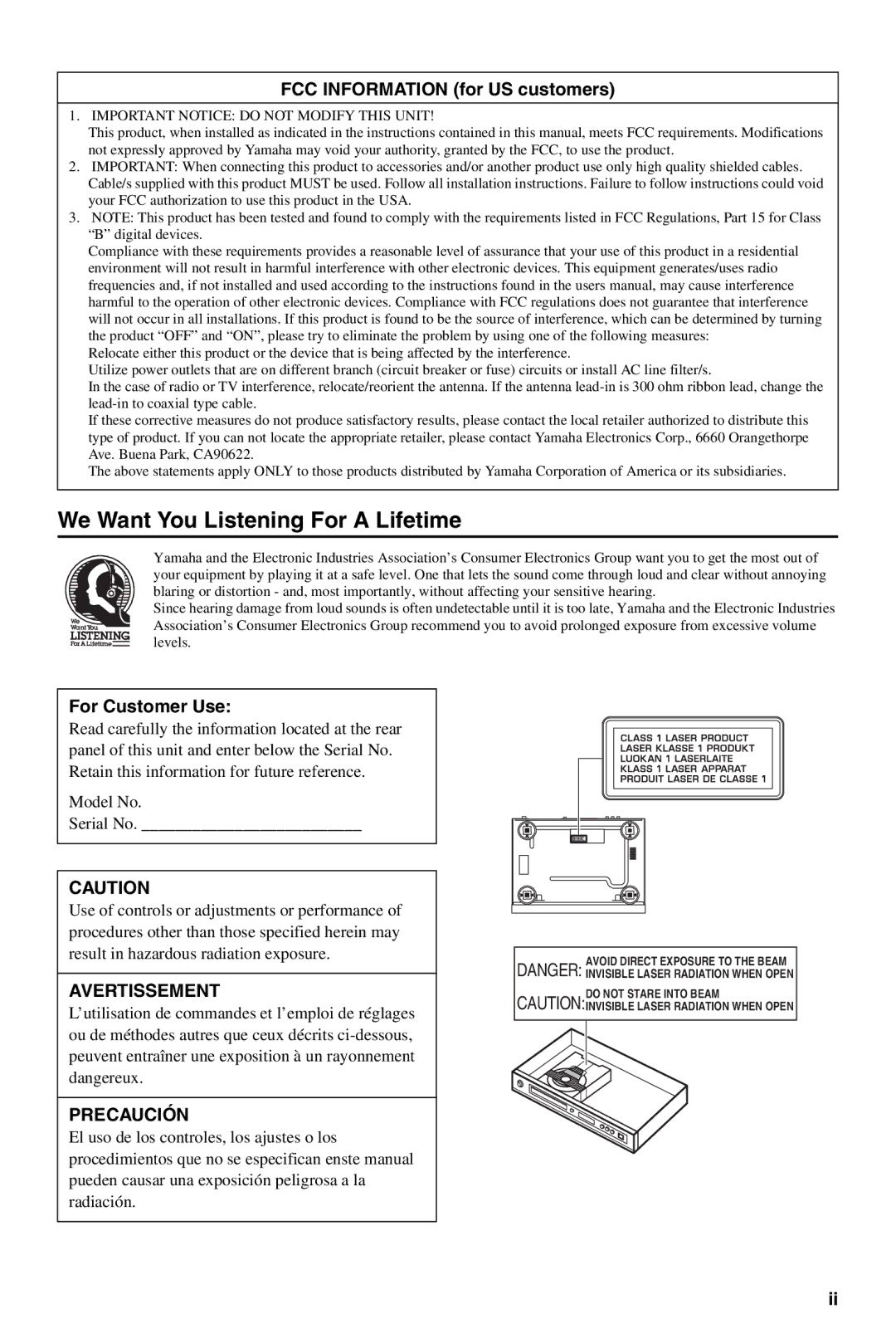 Yamaha DVD-S661 We Want You Listening For a Lifetime, FCC Information for US customers, For Customer Use, Avertissement 