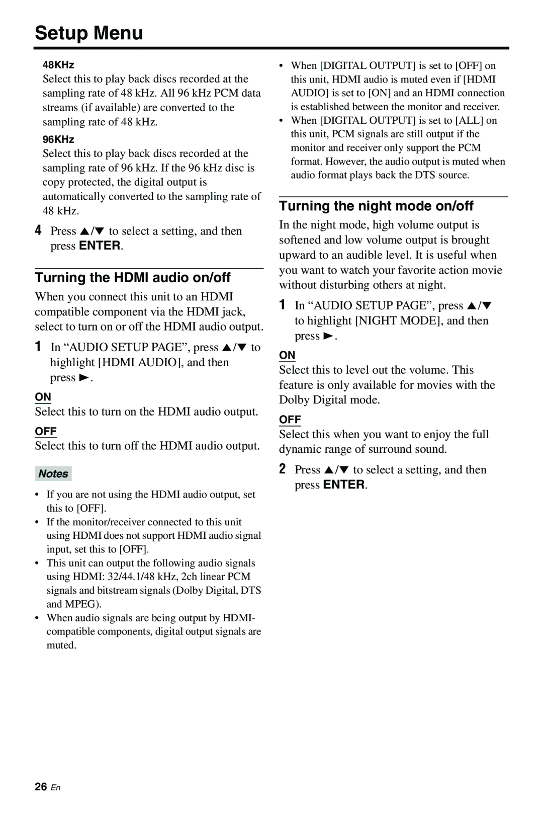 Yamaha DVD-S661 manual Turning the Hdmi audio on/off, Turning the night mode on/off, 48KHz, 96KHz 