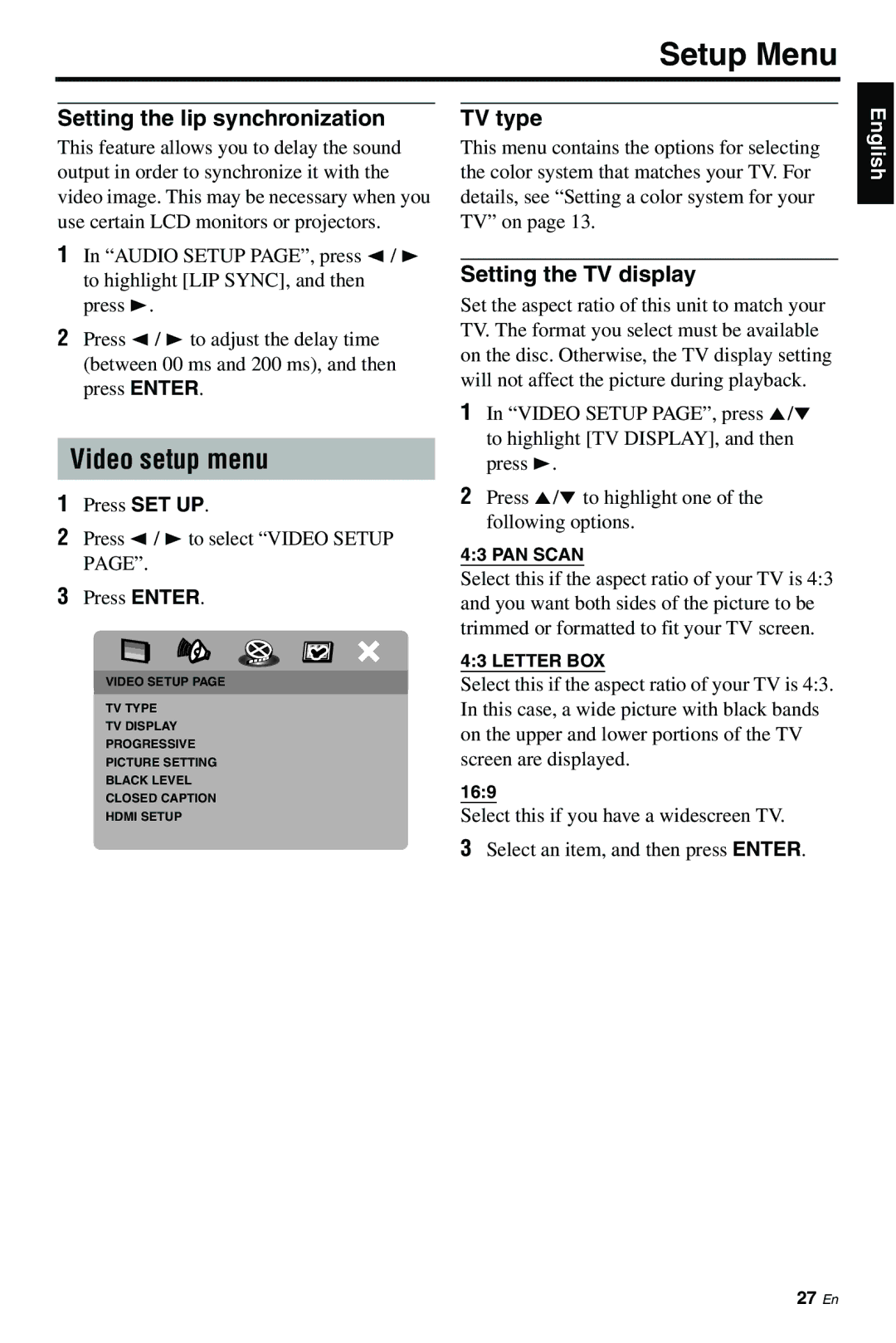 Yamaha DVD-S661 manual Video setup menu, Setting the lip synchronization TV type, Setting the TV display 