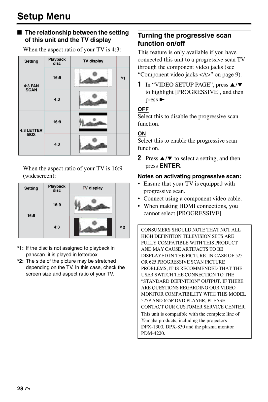 Yamaha DVD-S661 manual Turning the progressive scan function on/off, When the aspect ratio of your TV is 