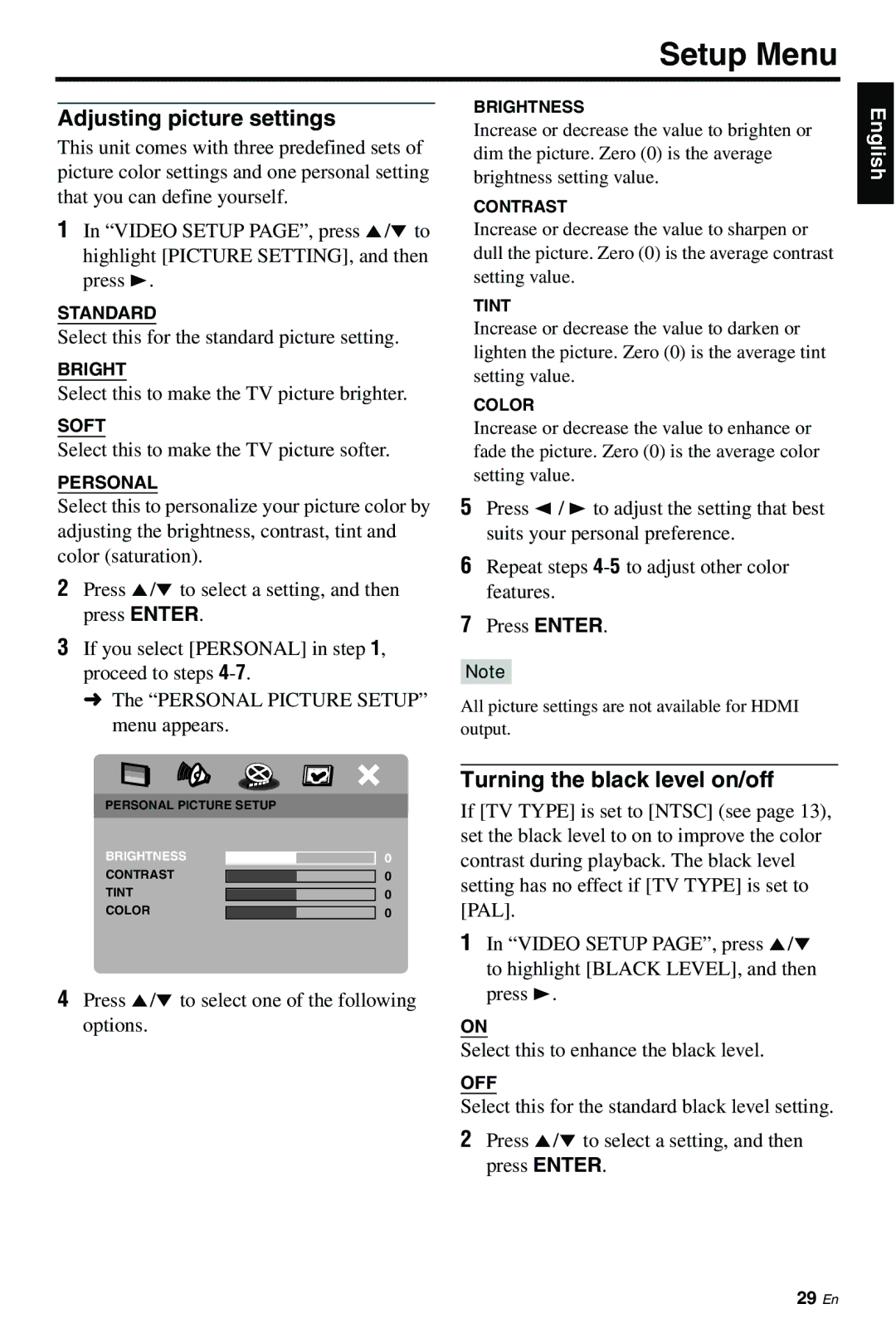 Yamaha DVD-S661 manual Adjusting picture settings, Turning the black level on/off 