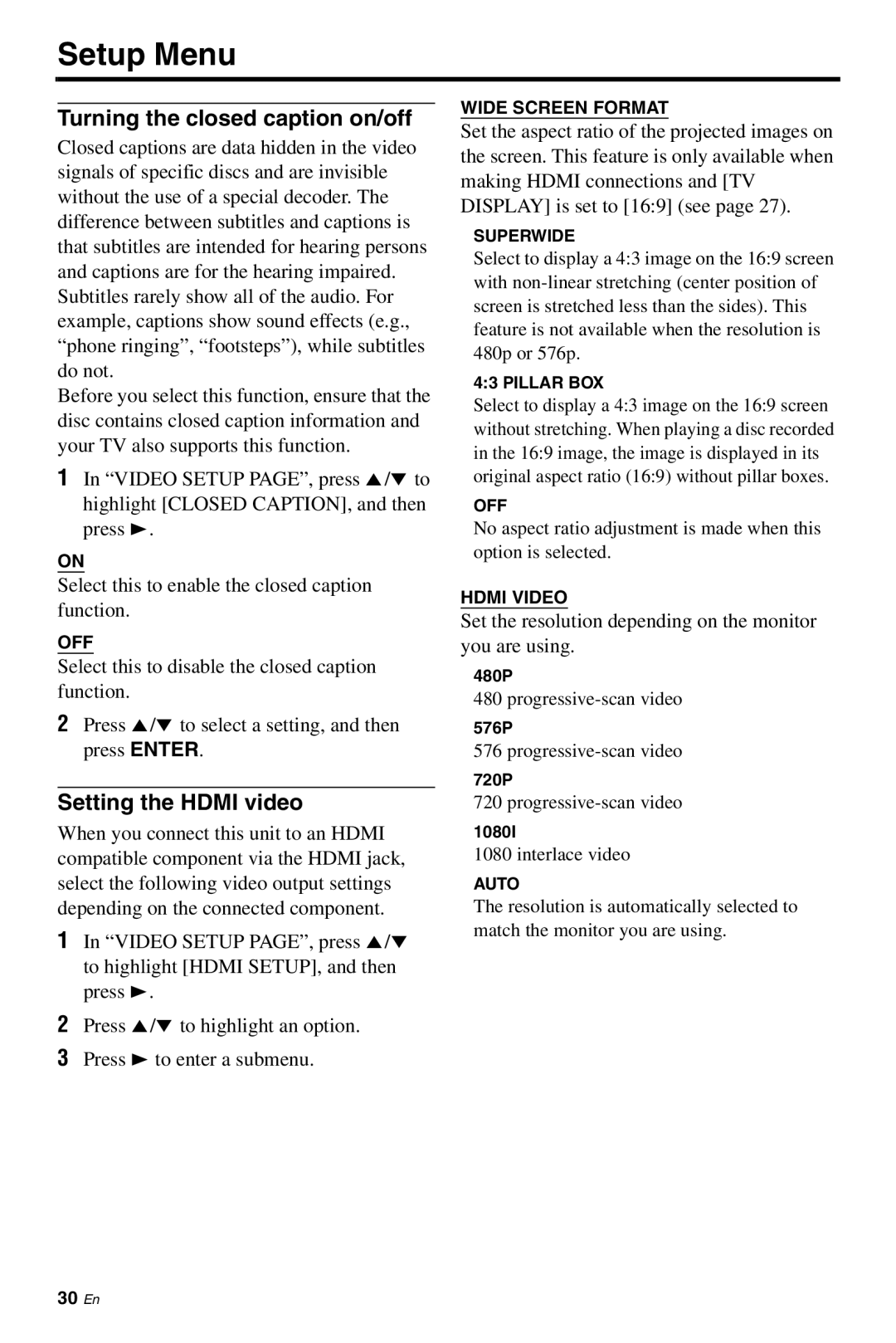 Yamaha DVD-S661 manual Turning the closed caption on/off, Setting the Hdmi video, Wide Screen Format, Hdmi Video 