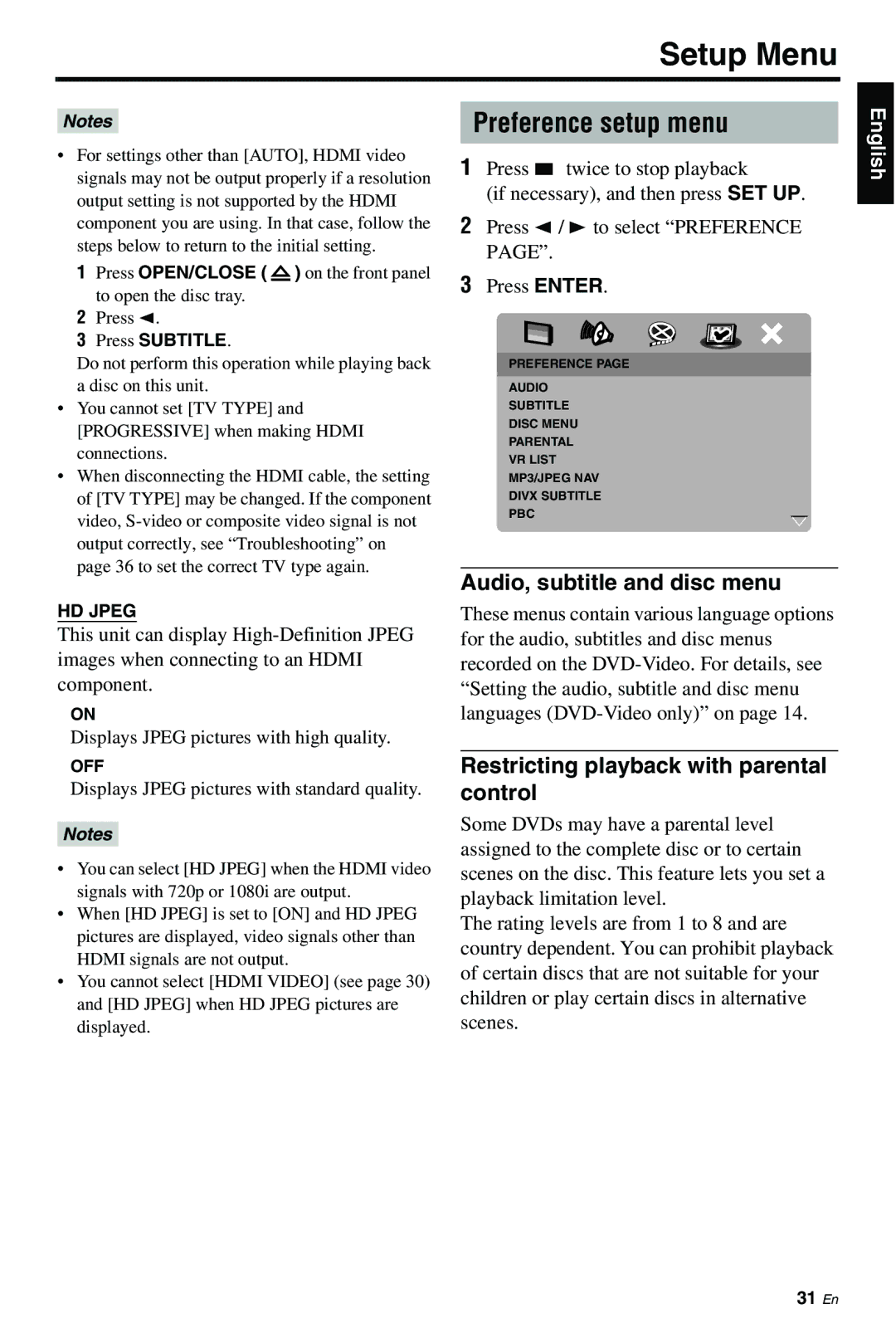 Yamaha DVD-S661 Preference setup menu, Audio, subtitle and disc menu, Restricting playback with parental control, HD Jpeg 