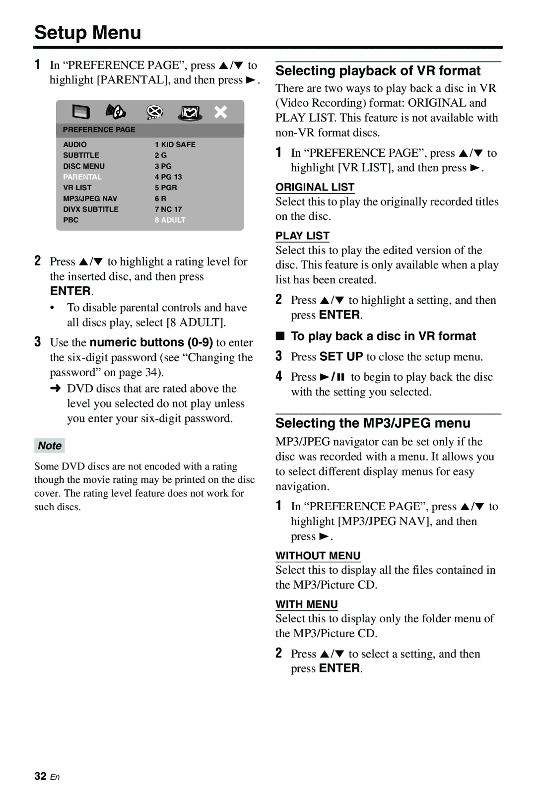 Yamaha DVD-S661 manual Selecting playback of VR format, Selecting the MP3/JPEG menu, To play back a disc in VR format 