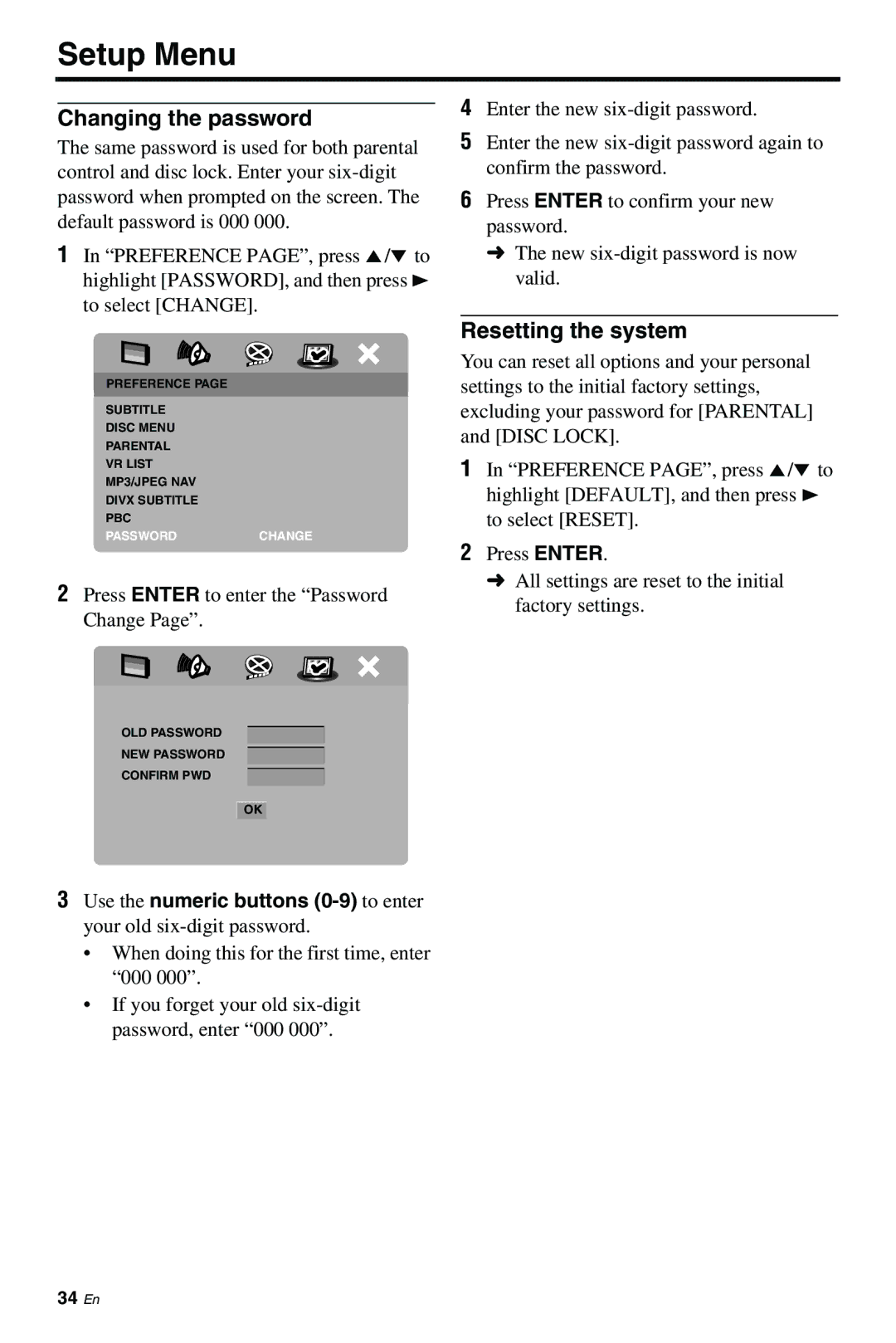 Yamaha DVD-S661 manual Changing the password, Resetting the system, Press Enter to enter the Password Change 