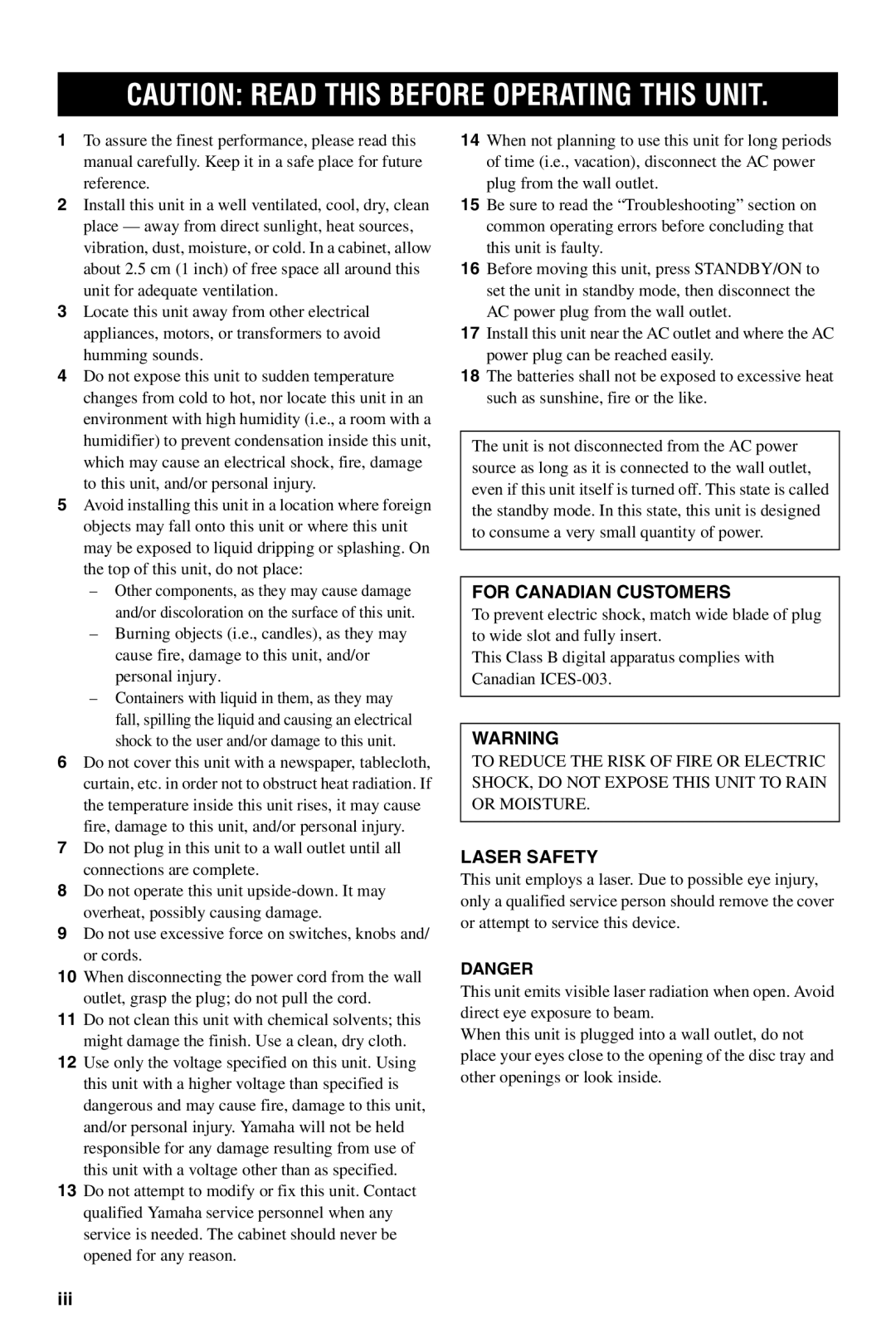 Yamaha DVD-S661 manual For Canadian Customers, Laser Safety, Iii 