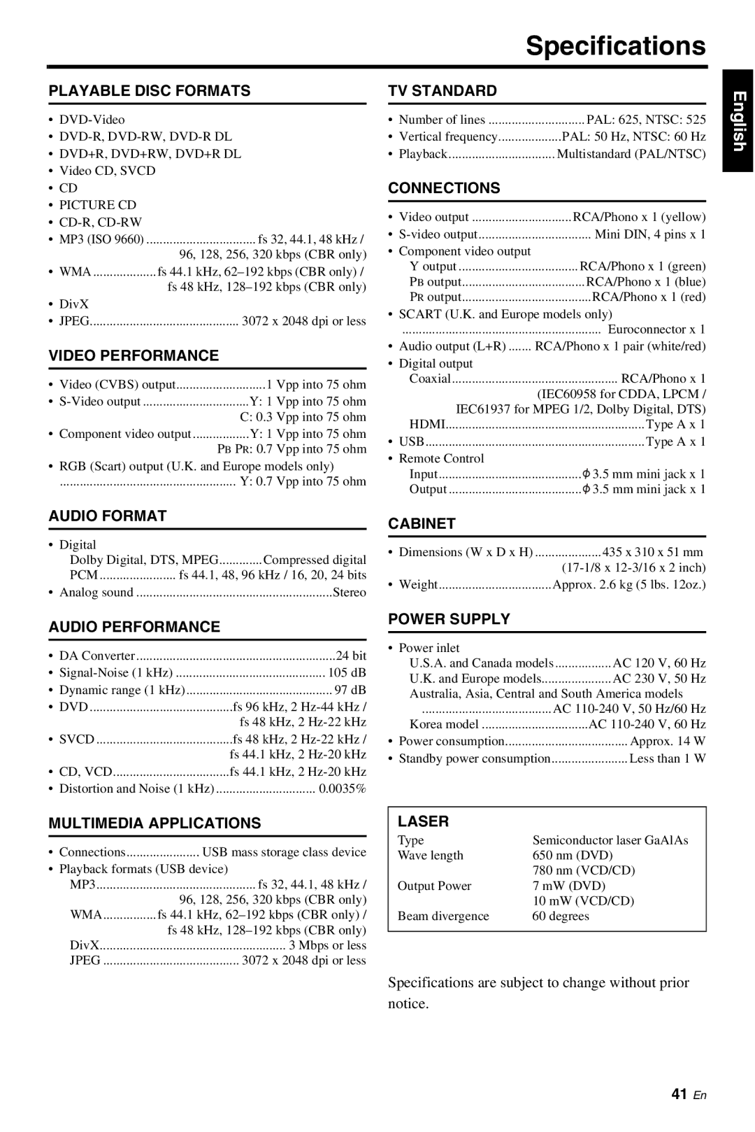 Yamaha DVD-S661 manual Specifications 