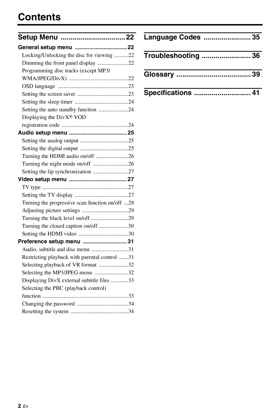 Yamaha DVD-S661 manual Setup Menu, Language Codes Troubleshooting Glossary Specifications 