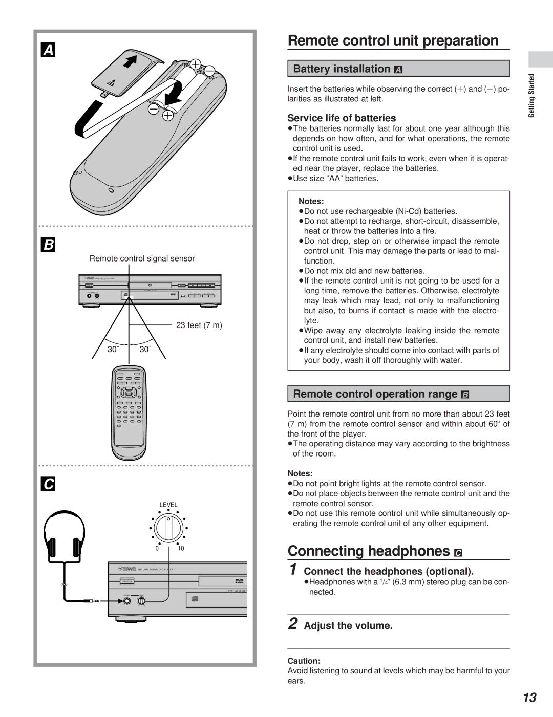 Yamaha DVD-S795 manual Remote control unit preparation, Connecting headphones C, Battery installation a 