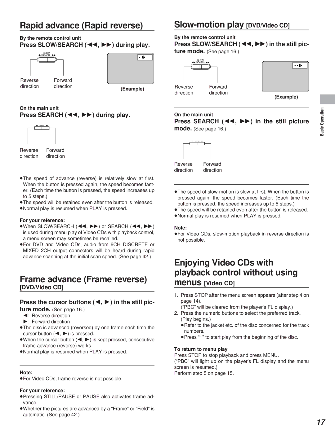 Yamaha DVD-S795 manual Rapid advance Rapid reverse, Slow-motion play DVD/Video CD, Frame advance Frame reverse 