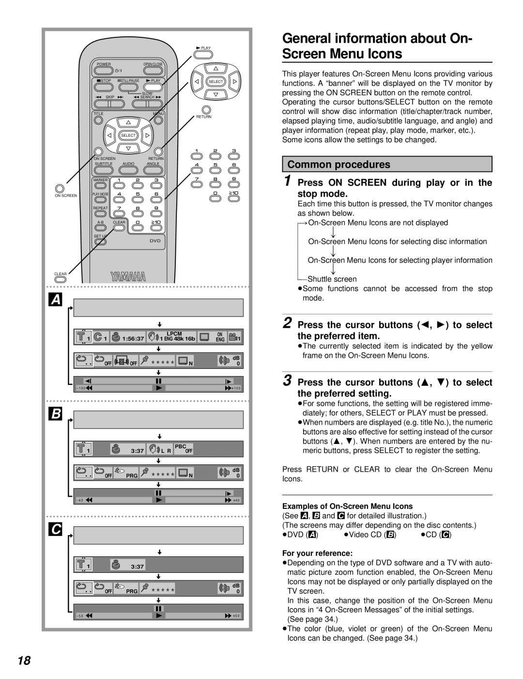 Yamaha DVD-S795 manual General information about On- Screen Menu Icons, Common procedures 