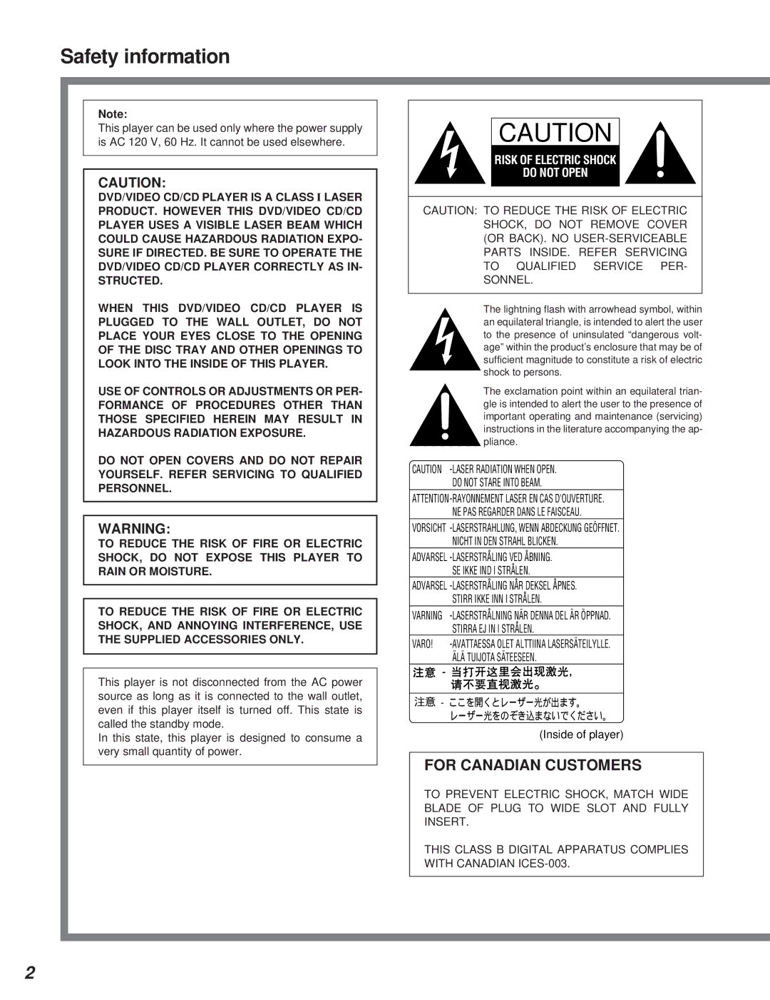 Yamaha DVD-S795 manual Safety information, Risk of Electric Shock Do not Open 