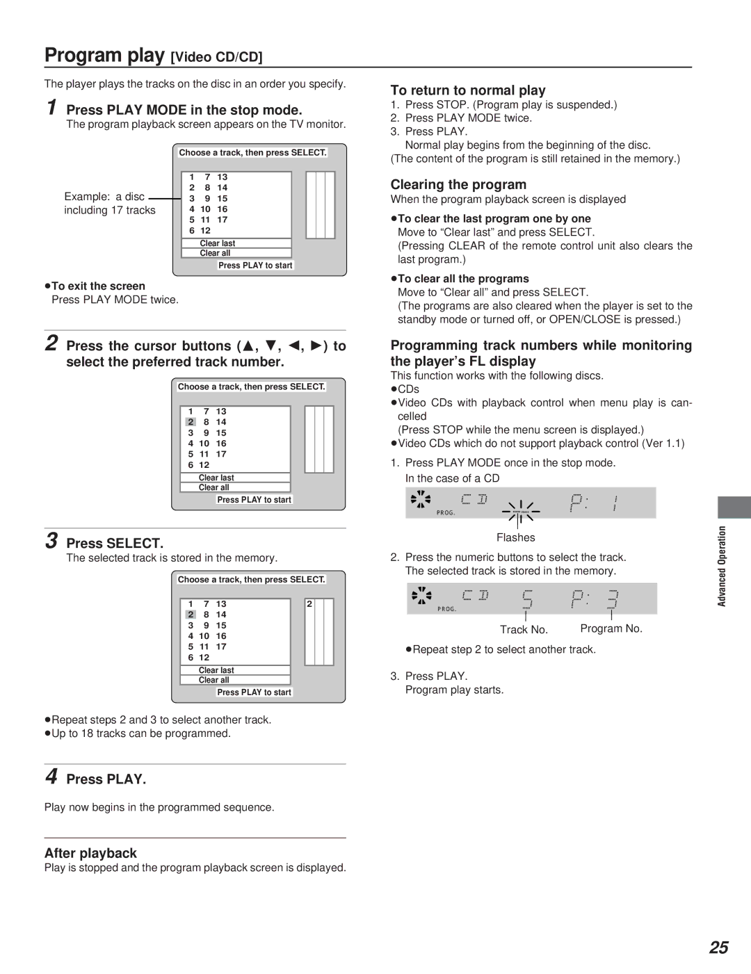 Yamaha DVD-S795 Program play Video CD/CD, To return to normal play Press Play Mode in the stop mode, Clearing the program 