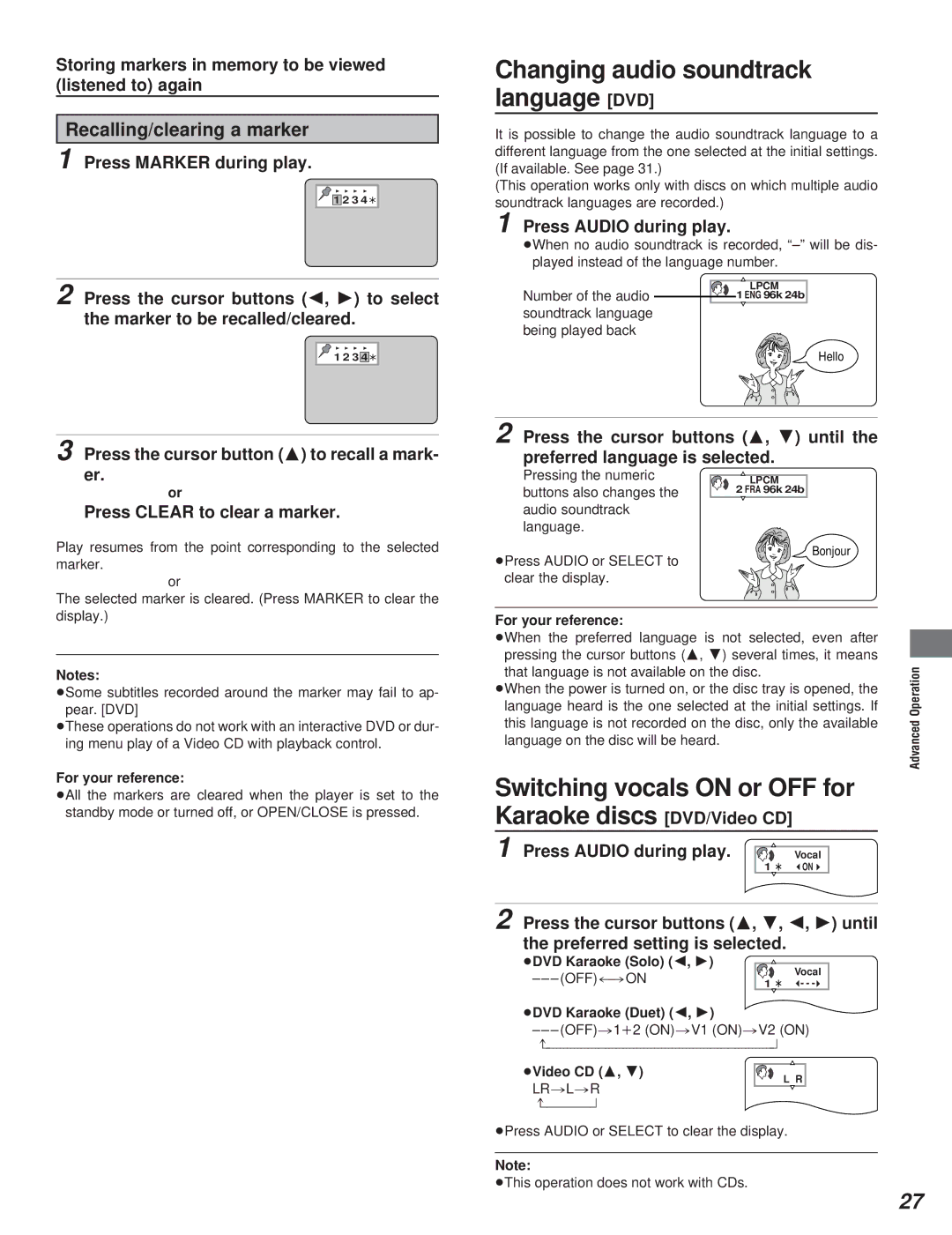 Yamaha DVD-S795 manual Changing audio soundtrack language DVD, Recalling/clearing a marker, Press Audio during play 