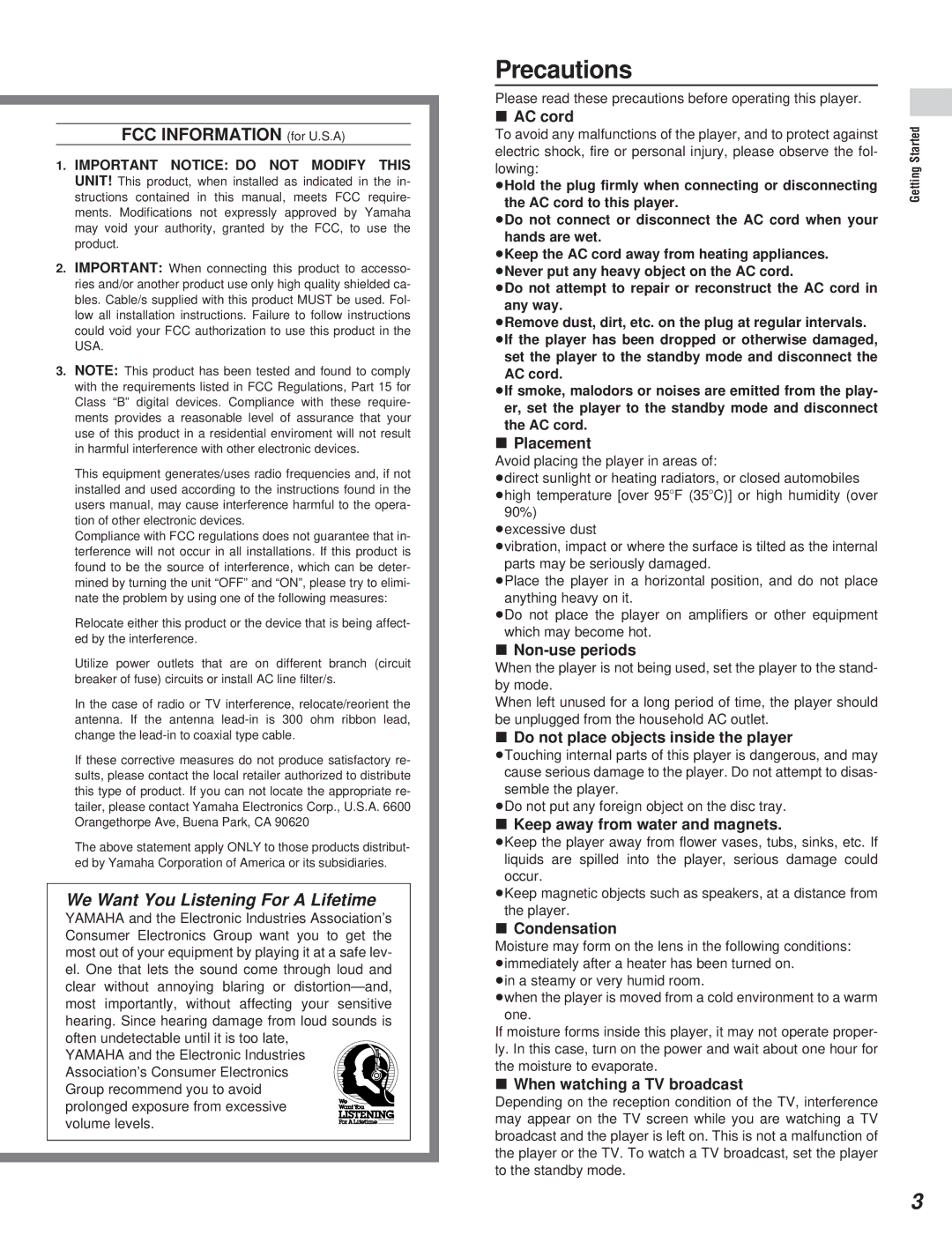 Yamaha DVD-S795 manual Precautions, FCC Information for U.S.A 