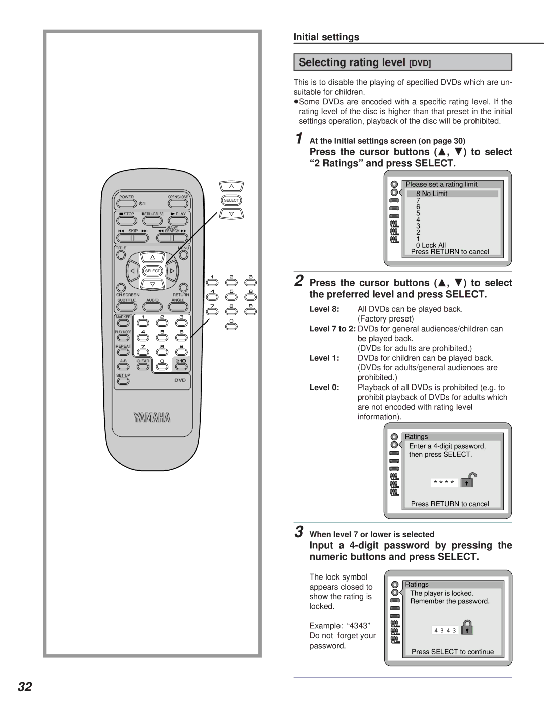 Yamaha DVD-S795 manual Selecting rating level DVD, When level 7 or lower is selected 