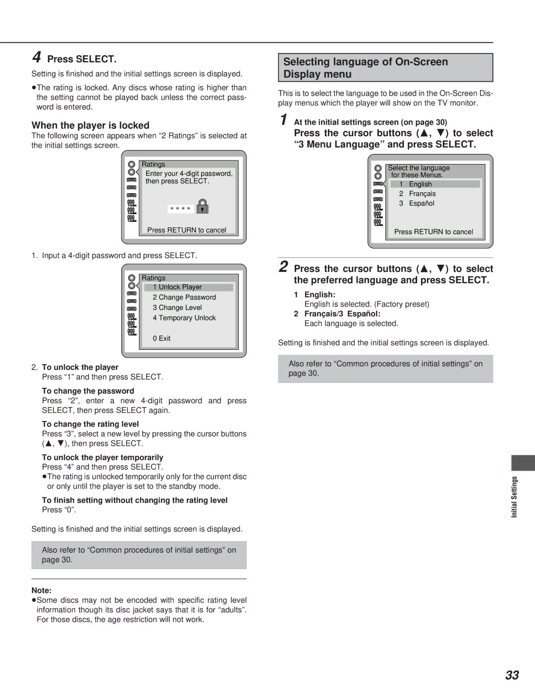 Yamaha DVD-S795 manual Selecting language of On-Screen Display menu, When the player is locked 